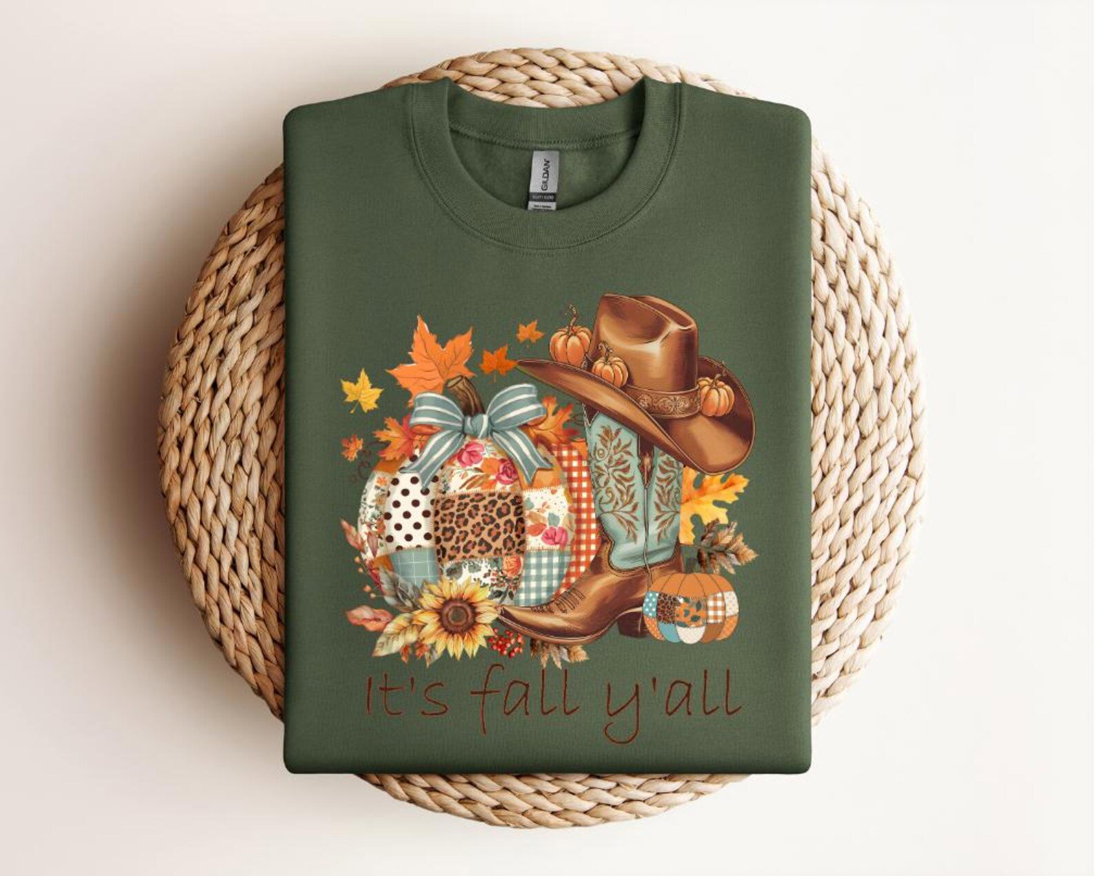 Western Fall Pumpkin Patchwork T-Shirt: Cowboy Boots & Hat 5