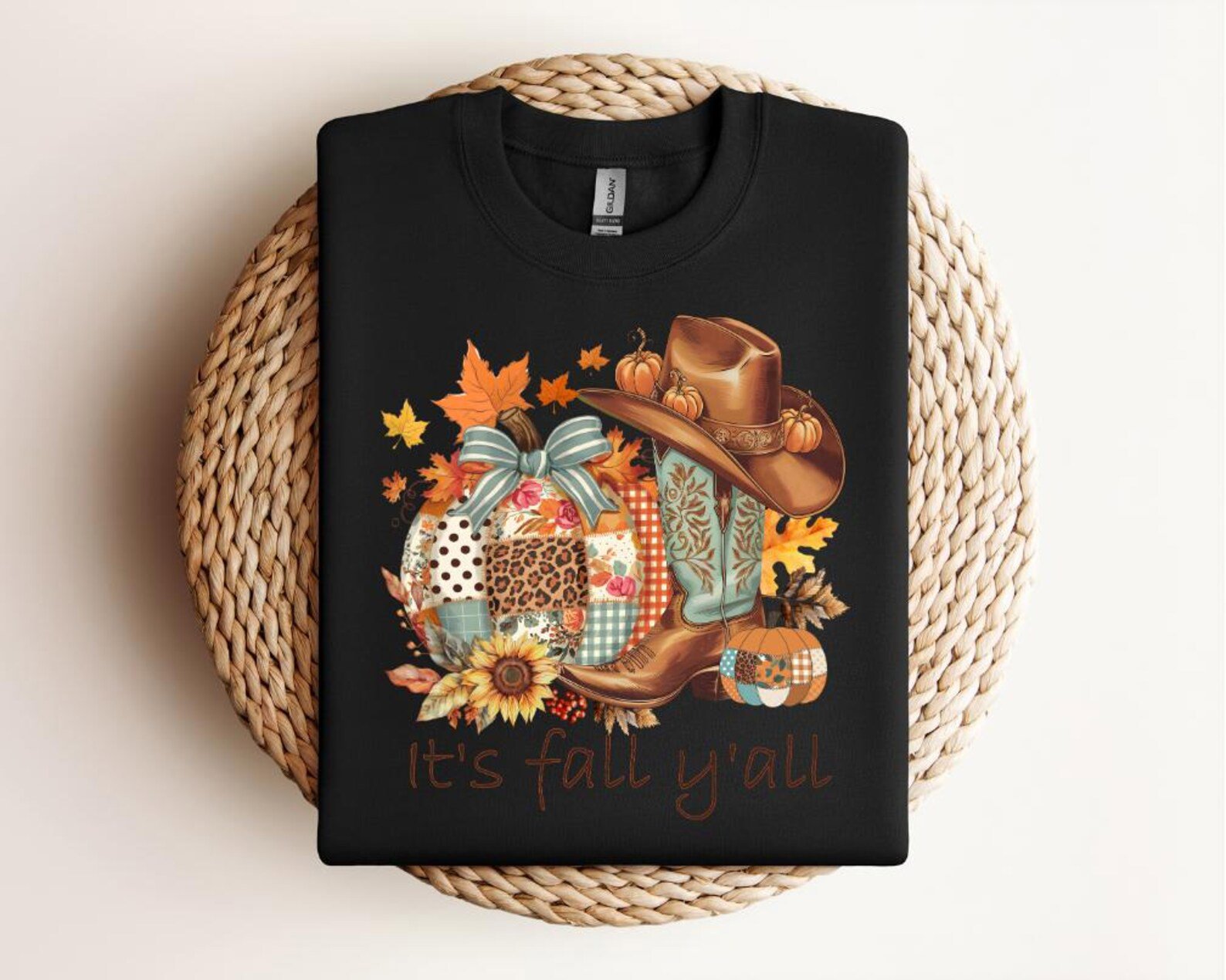 Western Fall Pumpkin Patchwork T-Shirt: Cowboy Boots & Hat 6