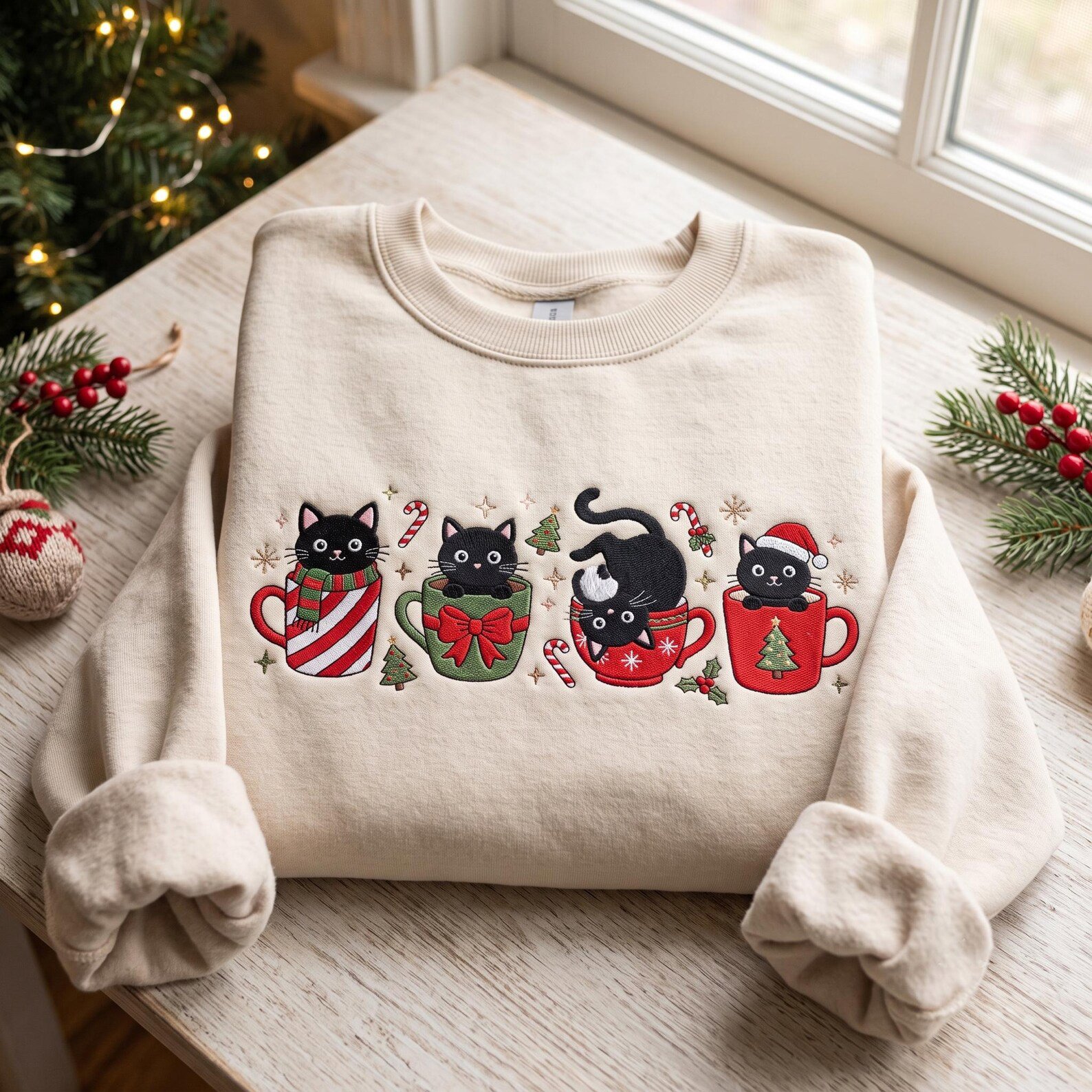 Christmas Black Cat Embroidered Sweatshirt, Cute Kitty in Mug Holiday Crewneck, Cozy Cat Lover Christmas Shirt, Festive Pet Gift 1