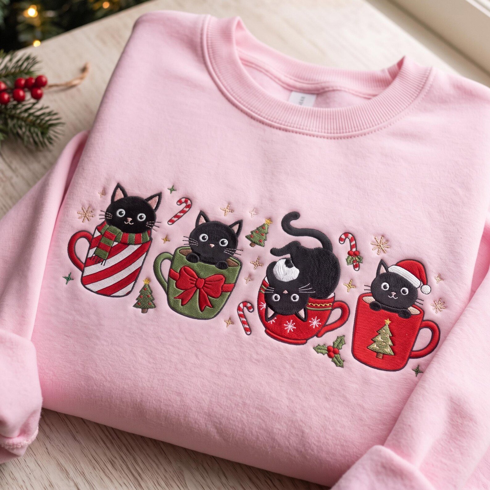 Christmas Black Cat Embroidered Sweatshirt, Cute Kitty in Mug Holiday Crewneck, Cozy Cat Lover Christmas Shirt, Festive Pet Gift 4