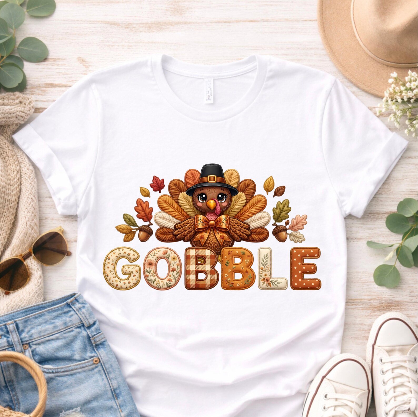 Gobble Thanksgiving Sweatshirt , Turkey Pilgrim Hat Graphic For Autumn Holiday Turkey Day Apparel 2