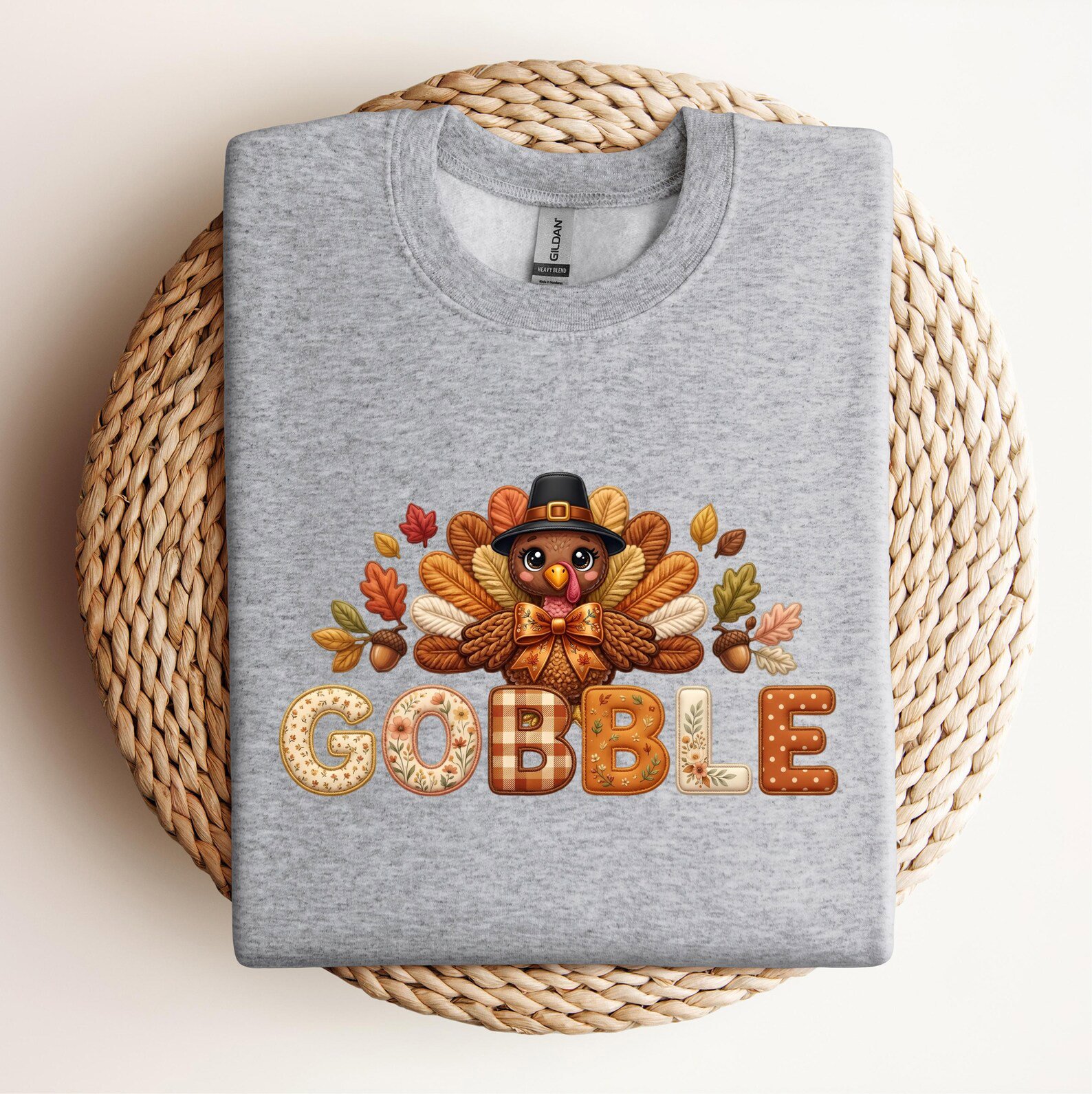 Gobble Thanksgiving Sweatshirt , Turkey Pilgrim Hat Graphic For Autumn Holiday Turkey Day Apparel 5