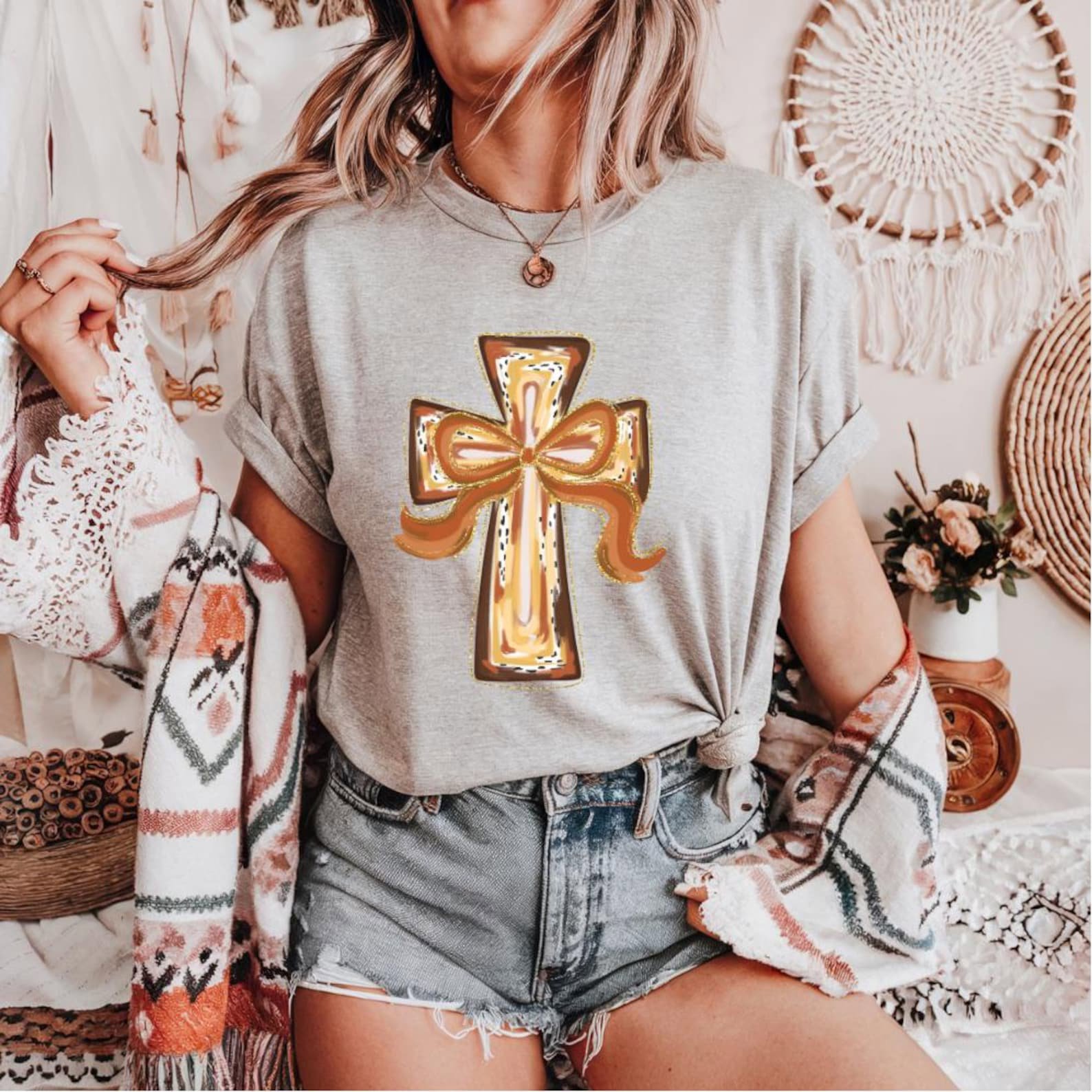 Glitter Gold Western Cross T-Shirt: Hand-Drawn Cowgirl Faith Tee 3