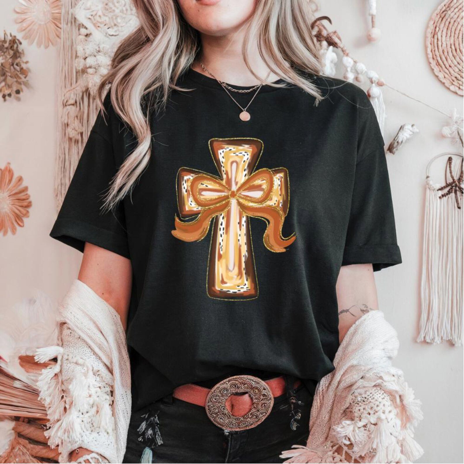 Glitter Gold Western Cross T-Shirt: Hand-Drawn Cowgirl Faith Tee 4