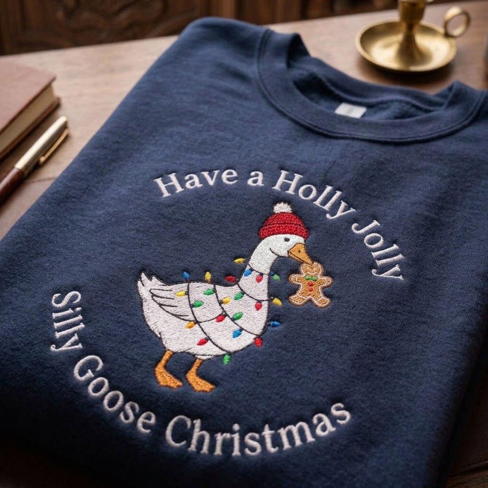 Silly Goose Christmas Embroidered Sweatshirt, Have a Holly Jolly Holiday Crewneck, Funny Gingerbread Goose Winter Gift Idea 1
