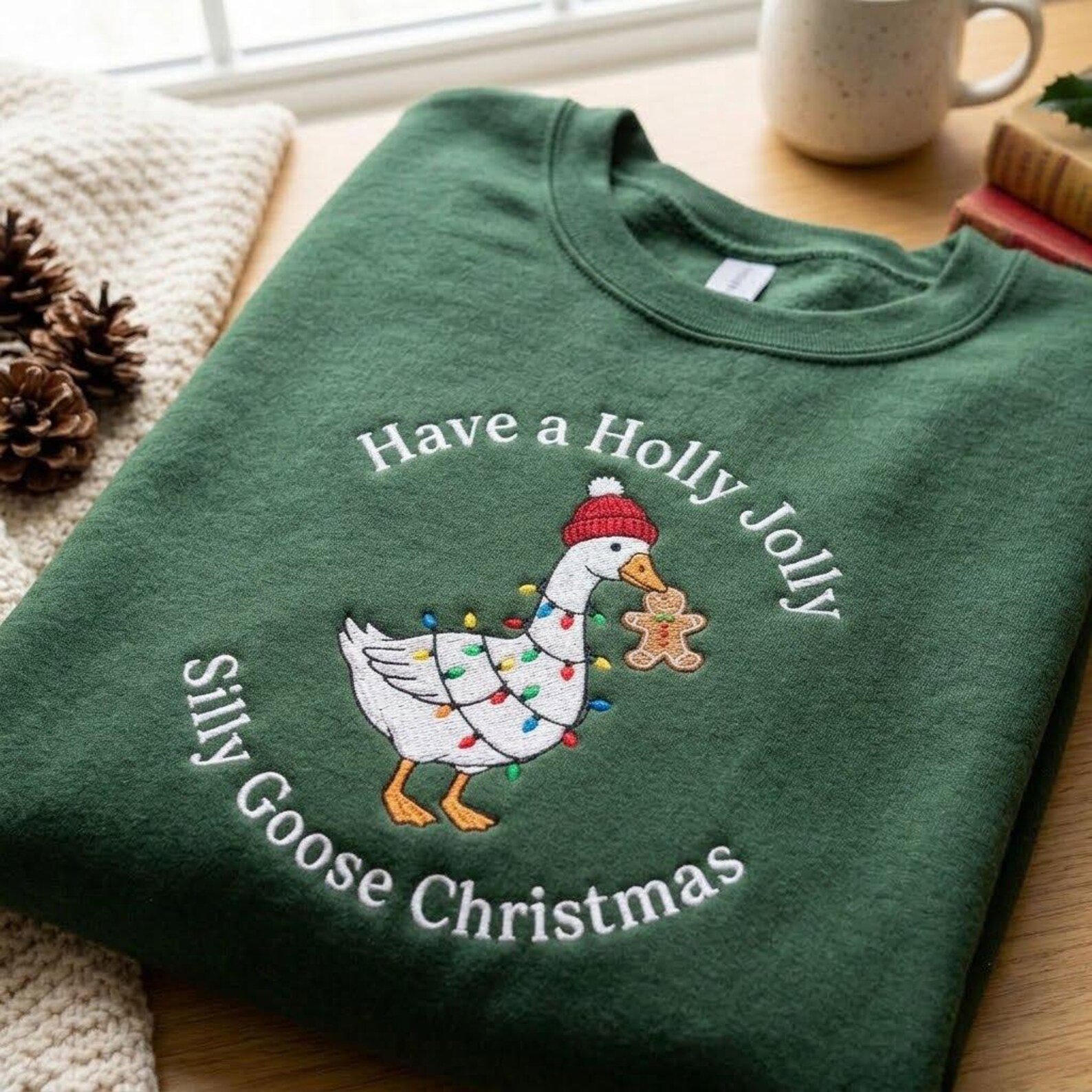 Silly Goose Christmas Embroidered Sweatshirt, Have a Holly Jolly Holiday Crewneck, Funny Gingerbread Goose Winter Gift Idea 3