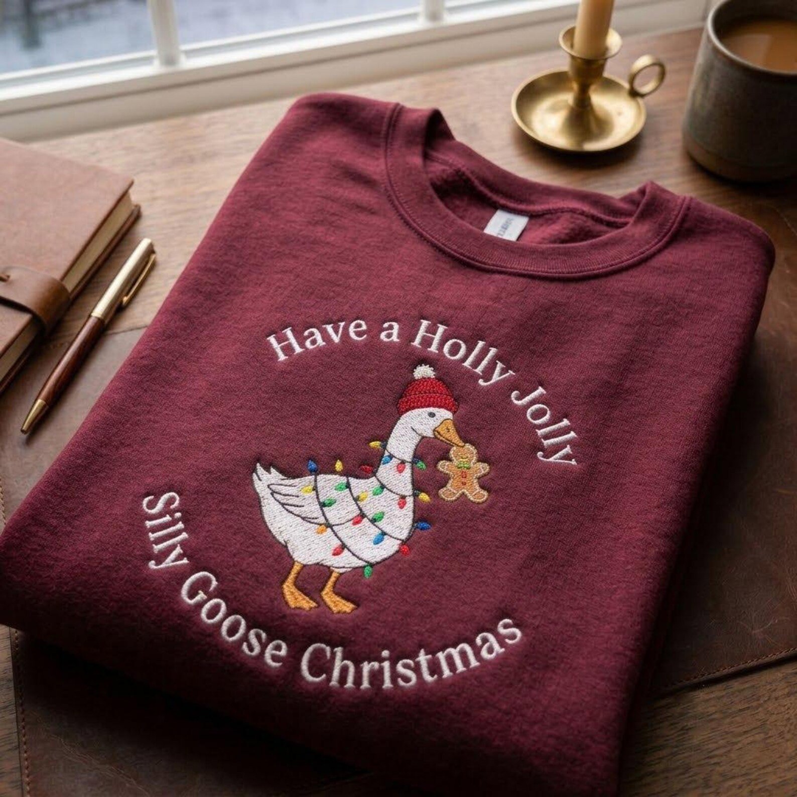 Silly Goose Christmas Embroidered Sweatshirt, Have a Holly Jolly Holiday Crewneck, Funny Gingerbread Goose Winter Gift Idea 2