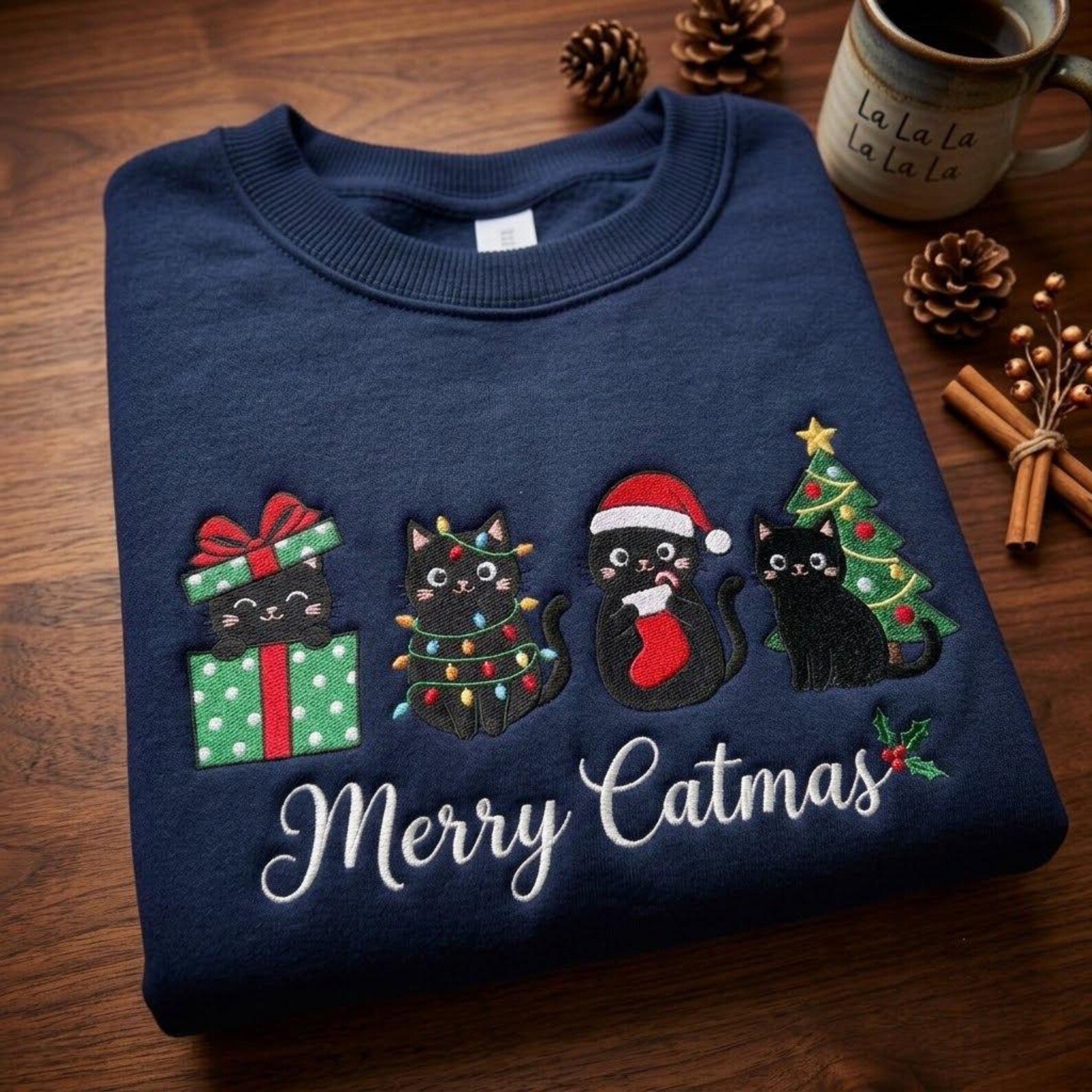 Embroidered Merry Catmas Sweatshirt, Black Cat Christmas Crewneck, Cute Festive Kitty Design, Holiday Cat Lover Gift Idea 1