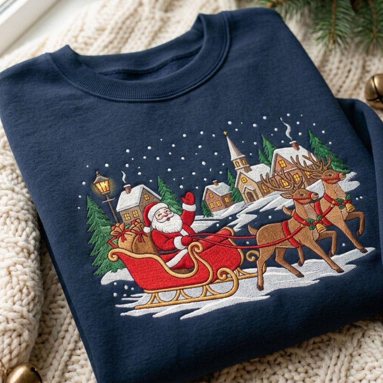 Embroidered Santa Christmas Sweatshirt, Reindeer Sleigh Snowy Village Crewneck, Traditional Holiday Winter Scene, Festive Gift Idea 3