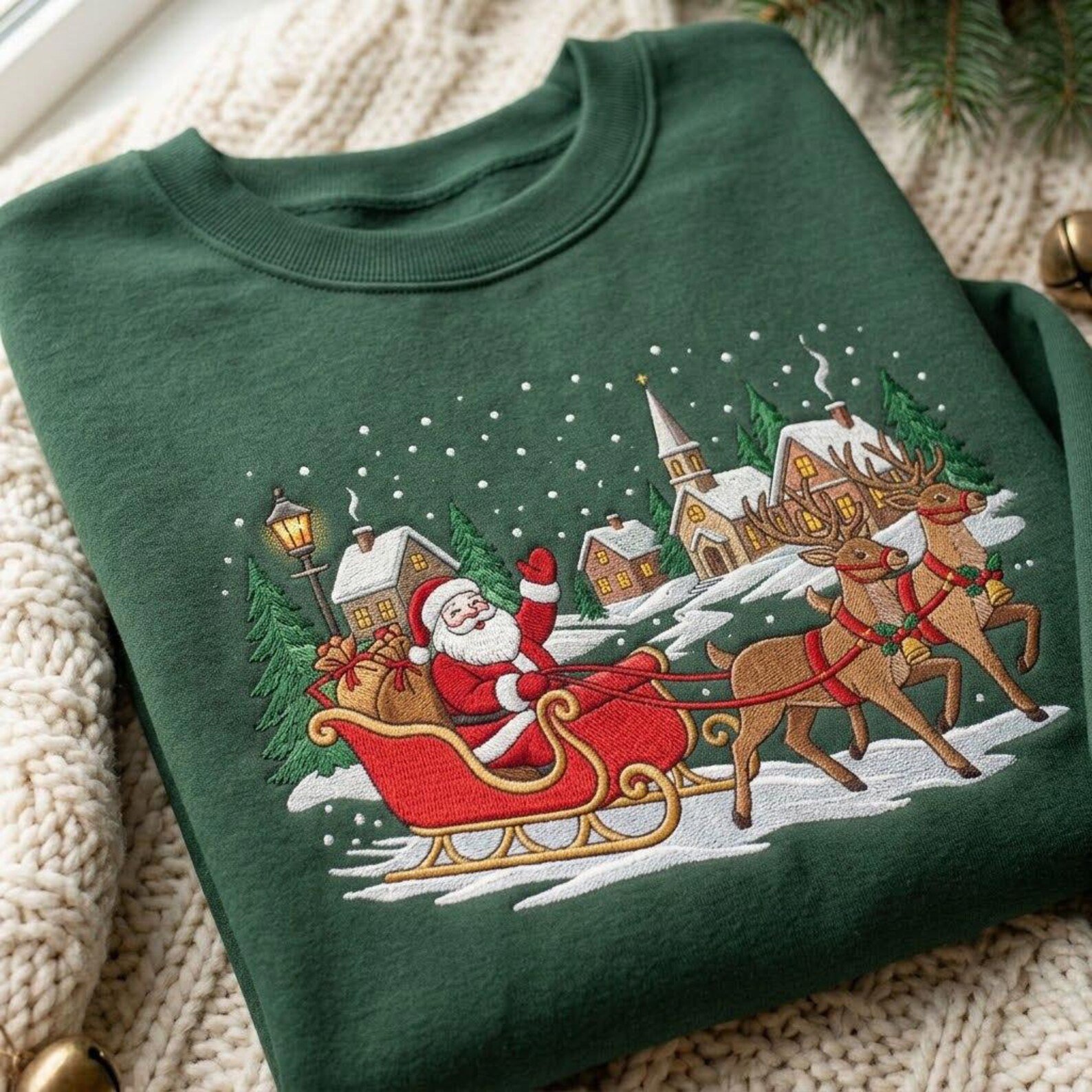 Embroidered Santa Christmas Sweatshirt, Reindeer Sleigh Snowy Village Crewneck, Traditional Holiday Winter Scene, Festive Gift Idea 2