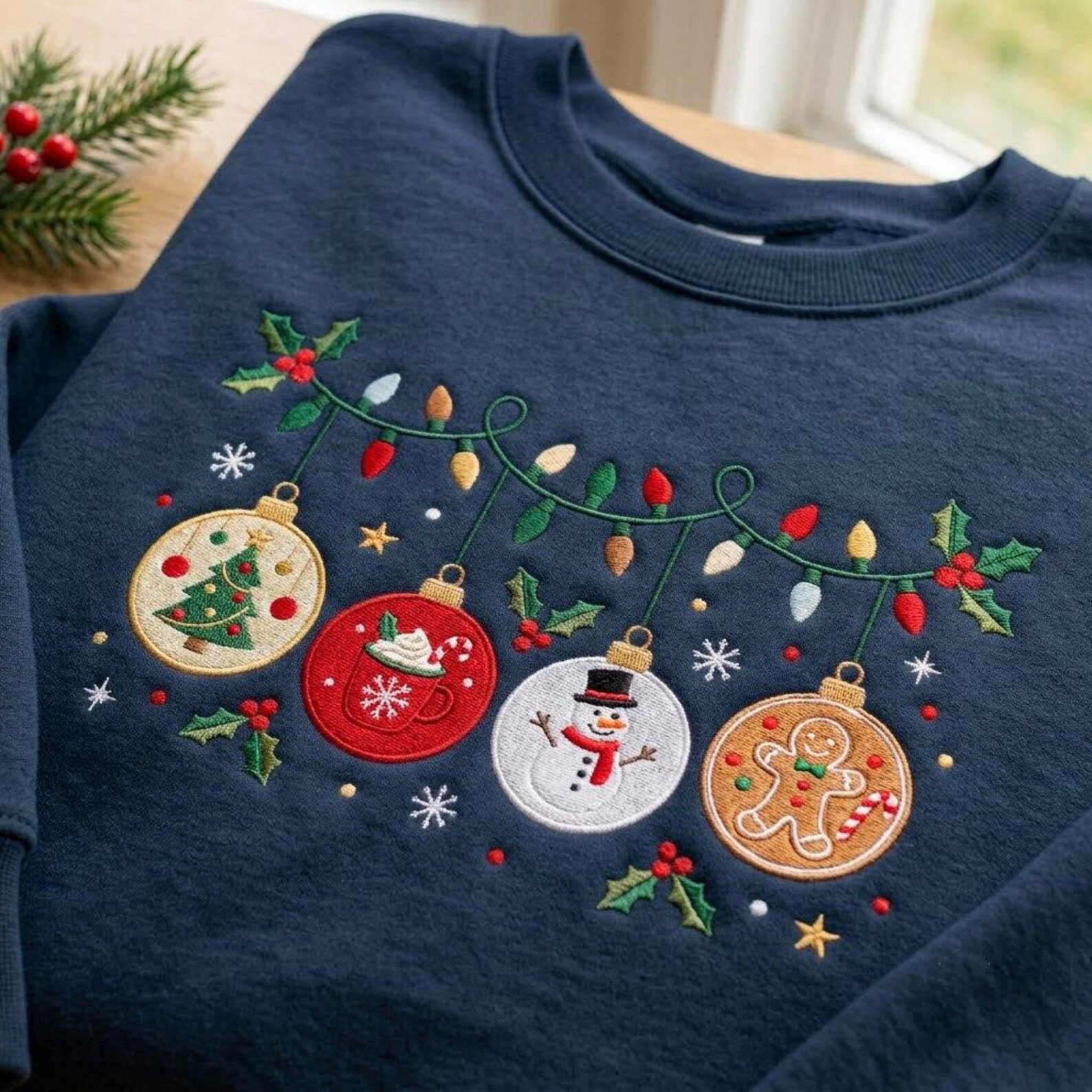 Embroidered Christmas Ornament Sweatshirt, Holiday Lights Crewneck, Gingerbread Snowman Hot Cocoa Design, Festive Winter Gift Idea 3