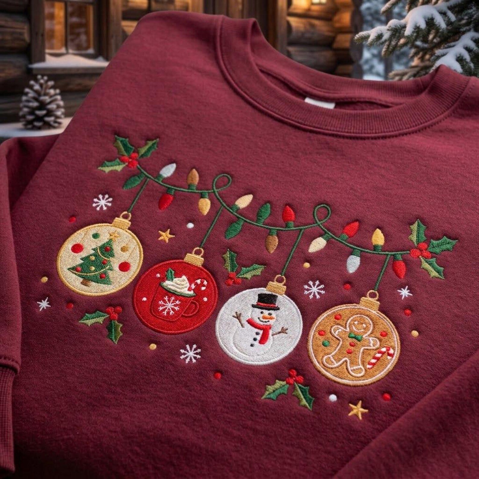 Embroidered Christmas Ornament Sweatshirt, Holiday Lights Crewneck, Gingerbread Snowman Hot Cocoa Design, Festive Winter Gift Idea 4
