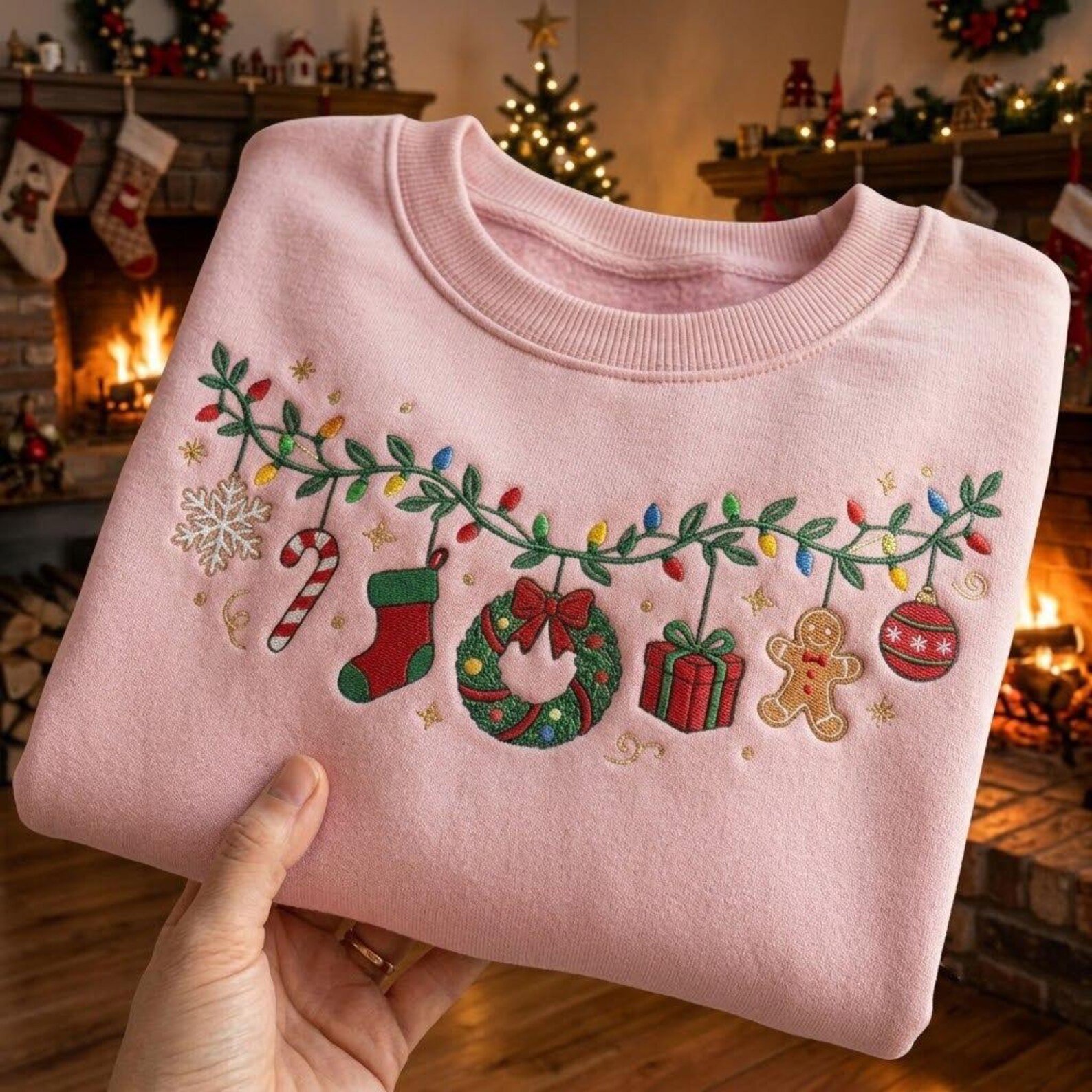Christmas Garland Embroidered Sweatshirt, Gingerbread Stocking Wreath Holiday Crewneck, Festive Christmas Lights Shirt, Cozy Winter Gift 3