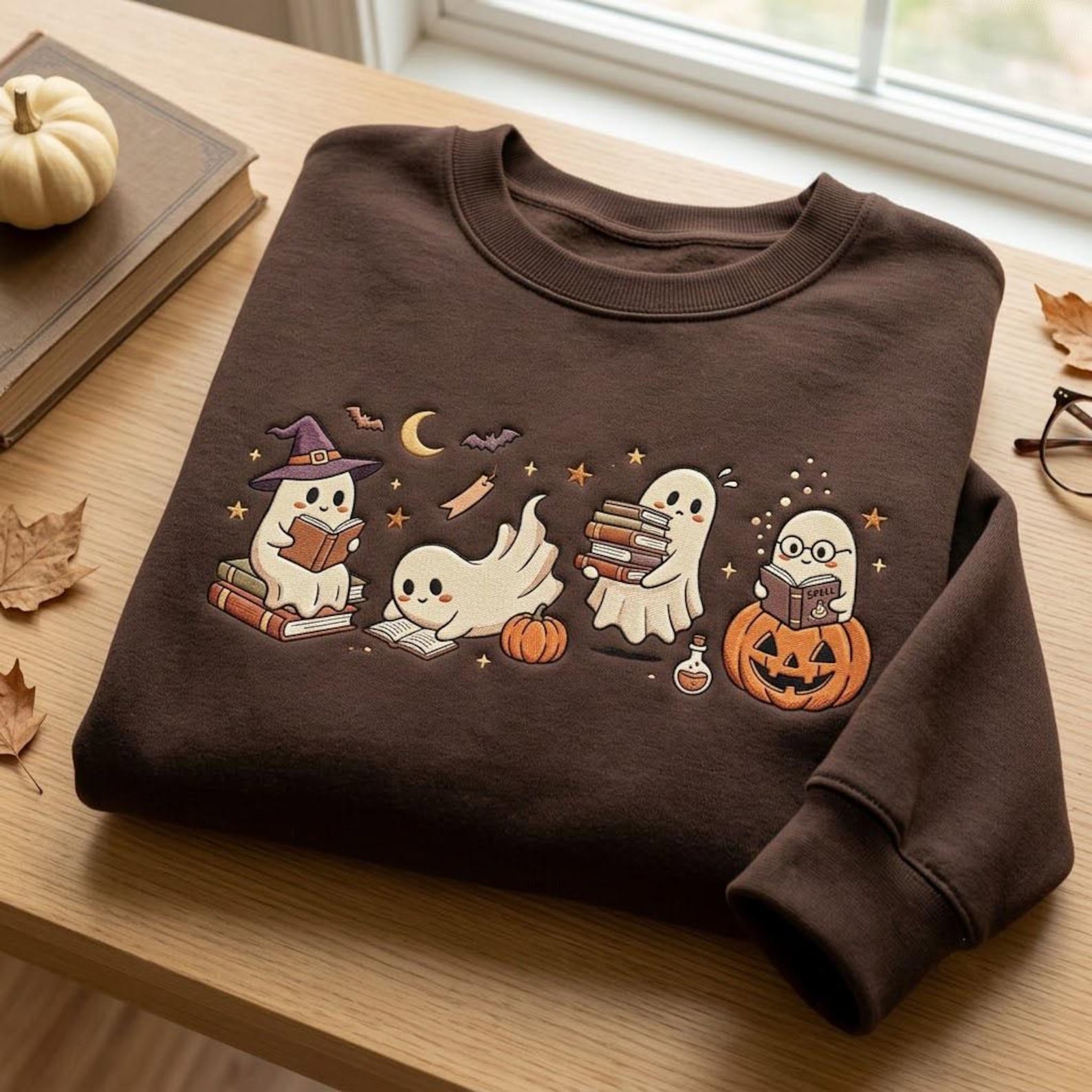 Cute Reading Ghost Embroidered Sweatshirt, Halloween Bookish Crewneck, Spooky Library Lover Shirt, Cozy Fall Book Lover Gift, Pullover 1
