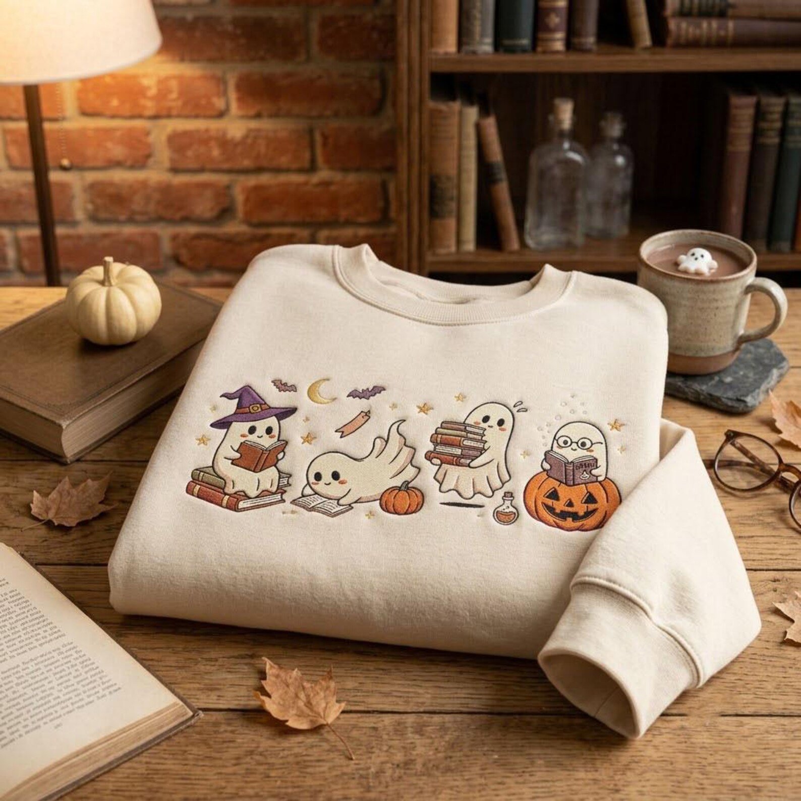 Cute Reading Ghost Embroidered Sweatshirt, Halloween Bookish Crewneck, Spooky Library Lover Shirt, Cozy Fall Book Lover Gift, Pullover 2