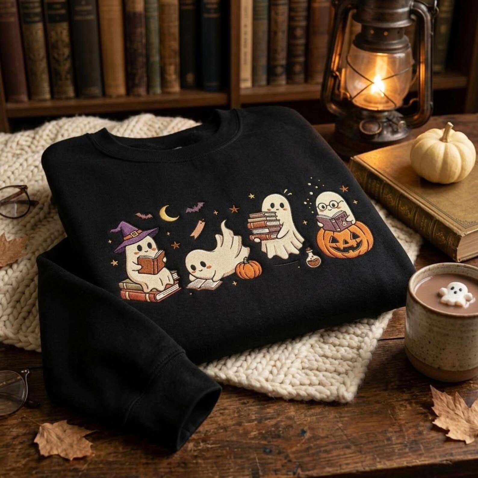 Cute Reading Ghost Embroidered Sweatshirt, Halloween Bookish Crewneck, Spooky Library Lover Shirt, Cozy Fall Book Lover Gift, Pullover 3