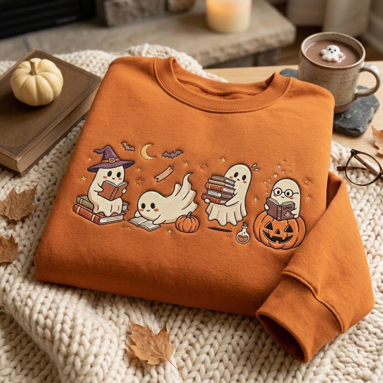 Cute Reading Ghost Embroidered Sweatshirt, Halloween Bookish Crewneck, Spooky Library Lover Shirt, Cozy Fall Book Lover Gift, Pullover 4