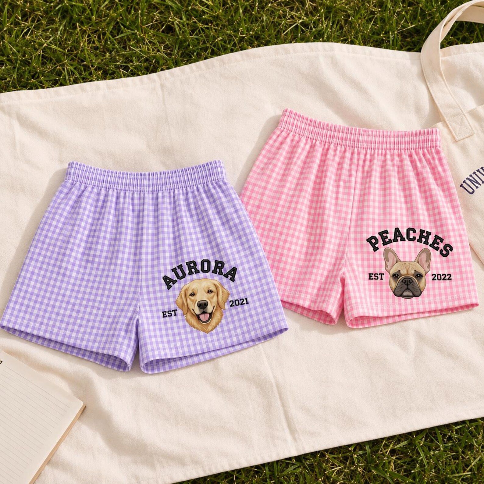 Embroidered Pet Photo Plaid Shorts, Embroidered Dog Face Gingham Shorts, Custom Pet Portrait Shorts From Photo, Pet Lovers Gifts For Mom 2