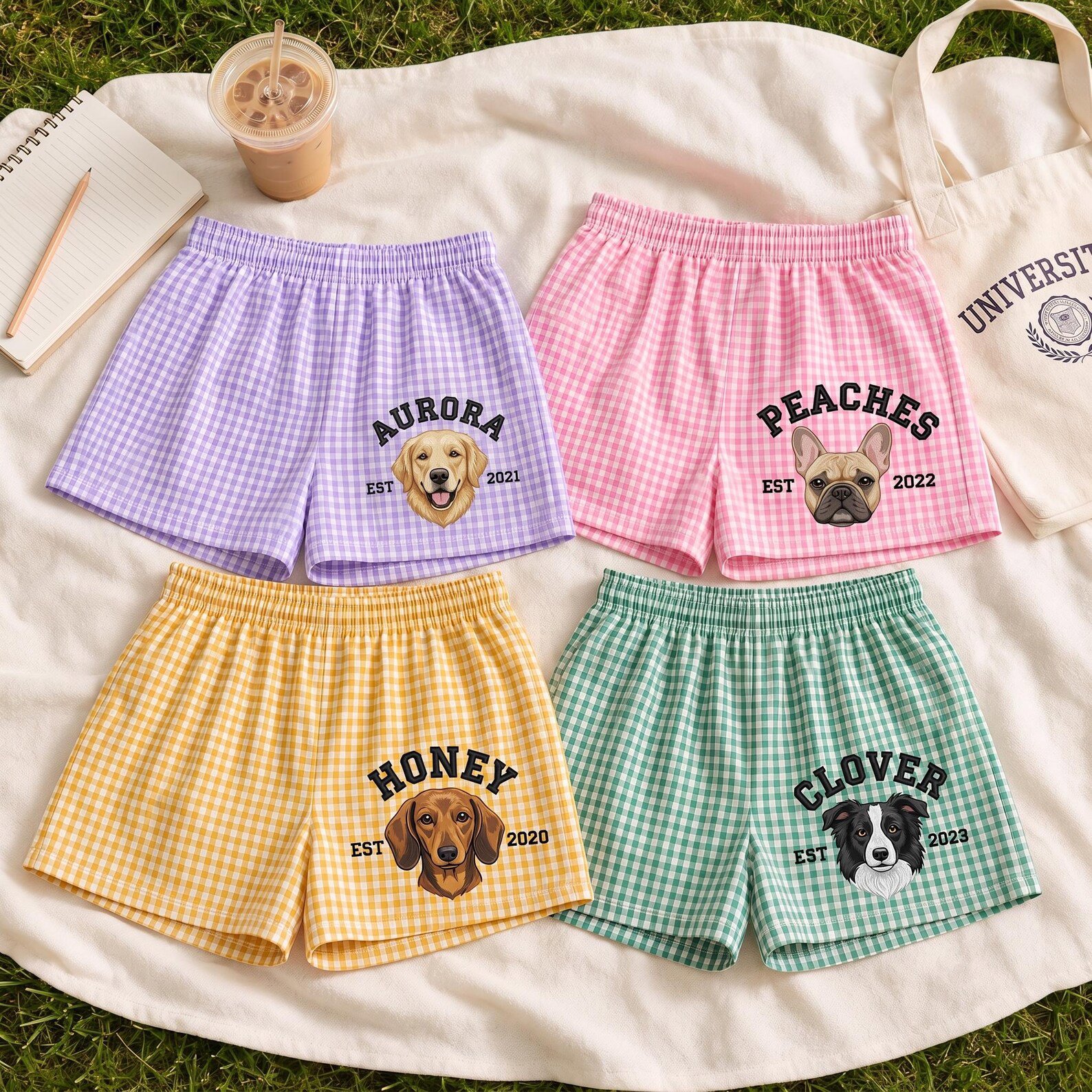 Embroidered Pet Photo Plaid Shorts, Embroidered Dog Face Gingham Shorts, Custom Pet Portrait Shorts From Photo, Pet Lovers Gifts For Mom 3