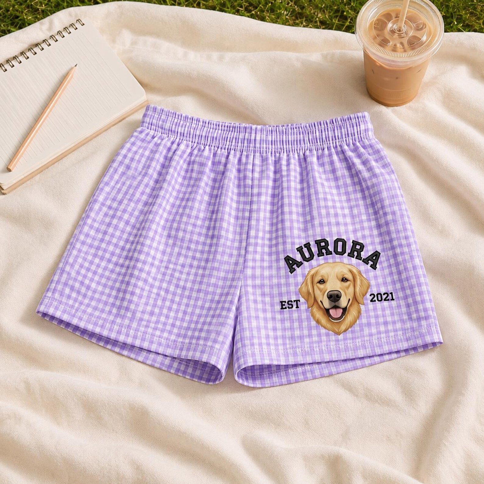 Embroidered Pet Photo Plaid Shorts, Embroidered Dog Face Gingham Shorts, Custom Pet Portrait Shorts From Photo, Pet Lovers Gifts For Mom 7