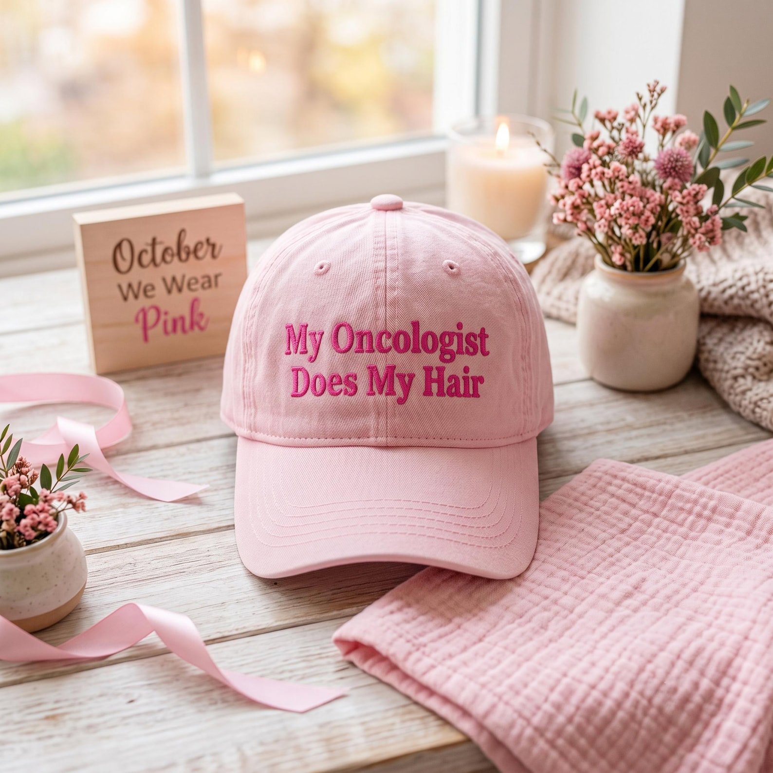 My Oncologist Does My Hair Embroidered Washed Hat, Breast Cancer Awareness Dad Hat, Chemo Humor Cap, October Pink Support Gift 1