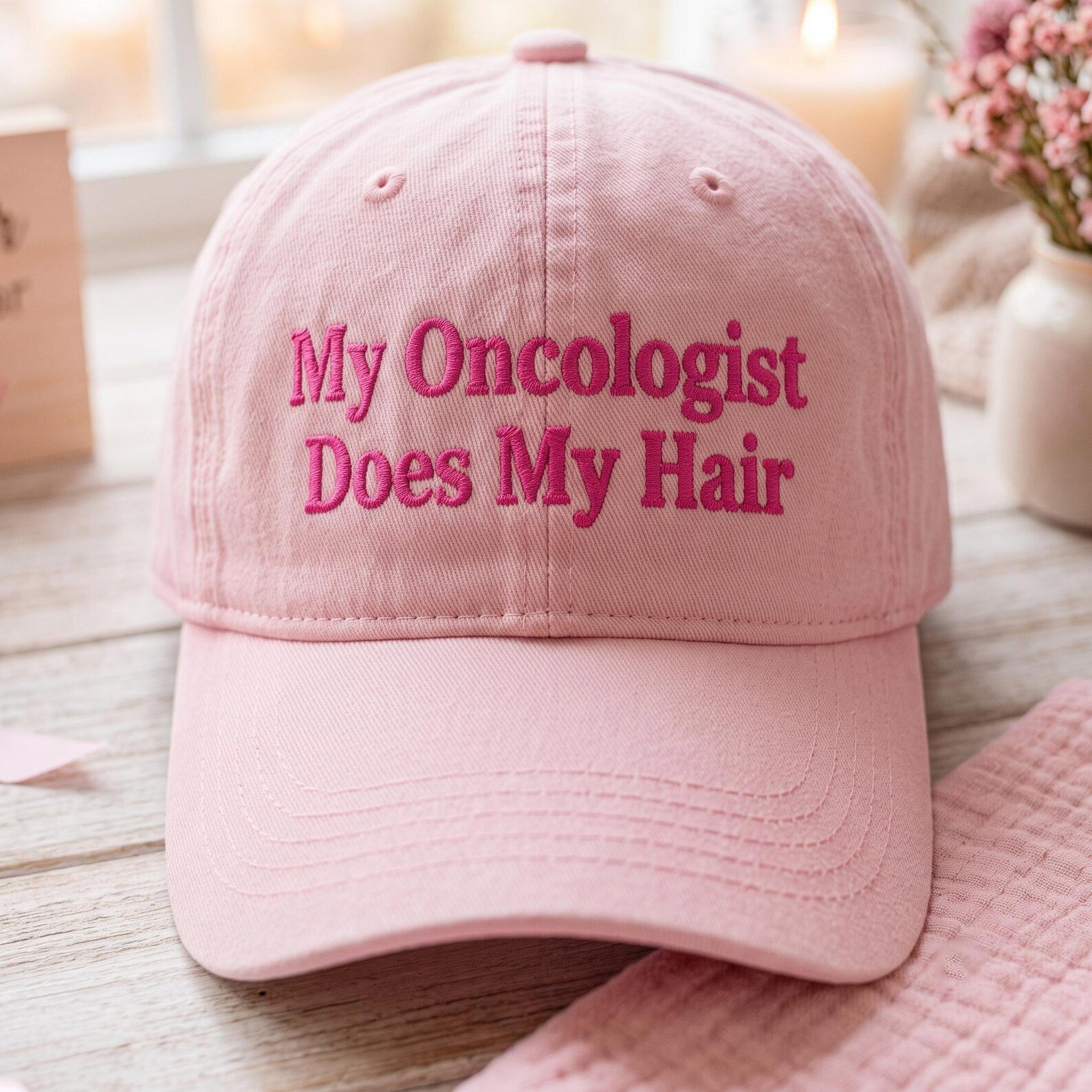 My Oncologist Does My Hair Embroidered Washed Hat, Breast Cancer Awareness Dad Hat, Chemo Humor Cap, October Pink Support Gift 2