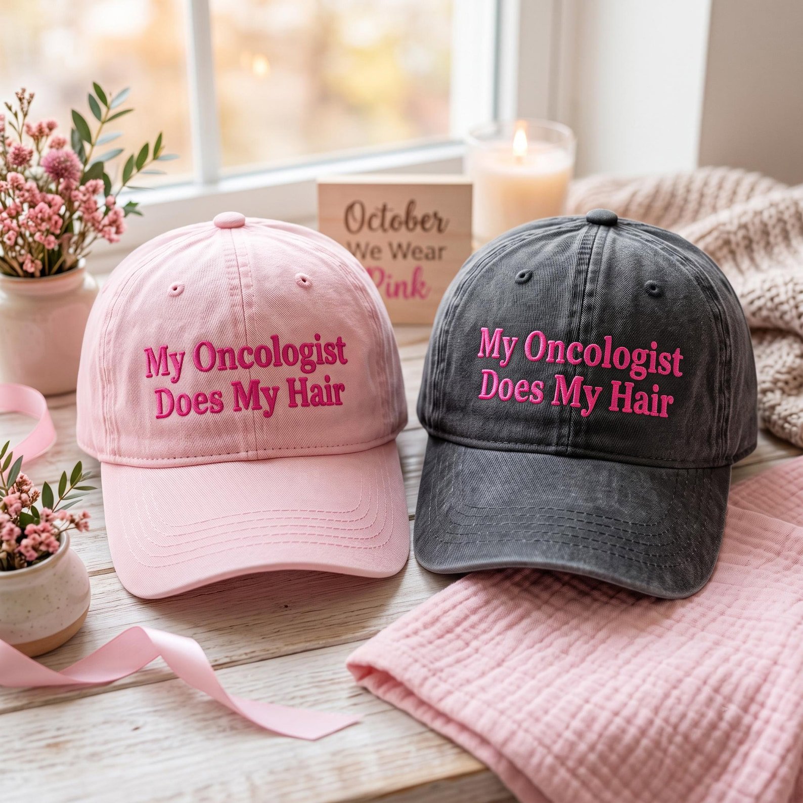 My Oncologist Does My Hair Embroidered Washed Hat, Breast Cancer Awareness Dad Hat, Chemo Humor Cap, October Pink Support Gift 3