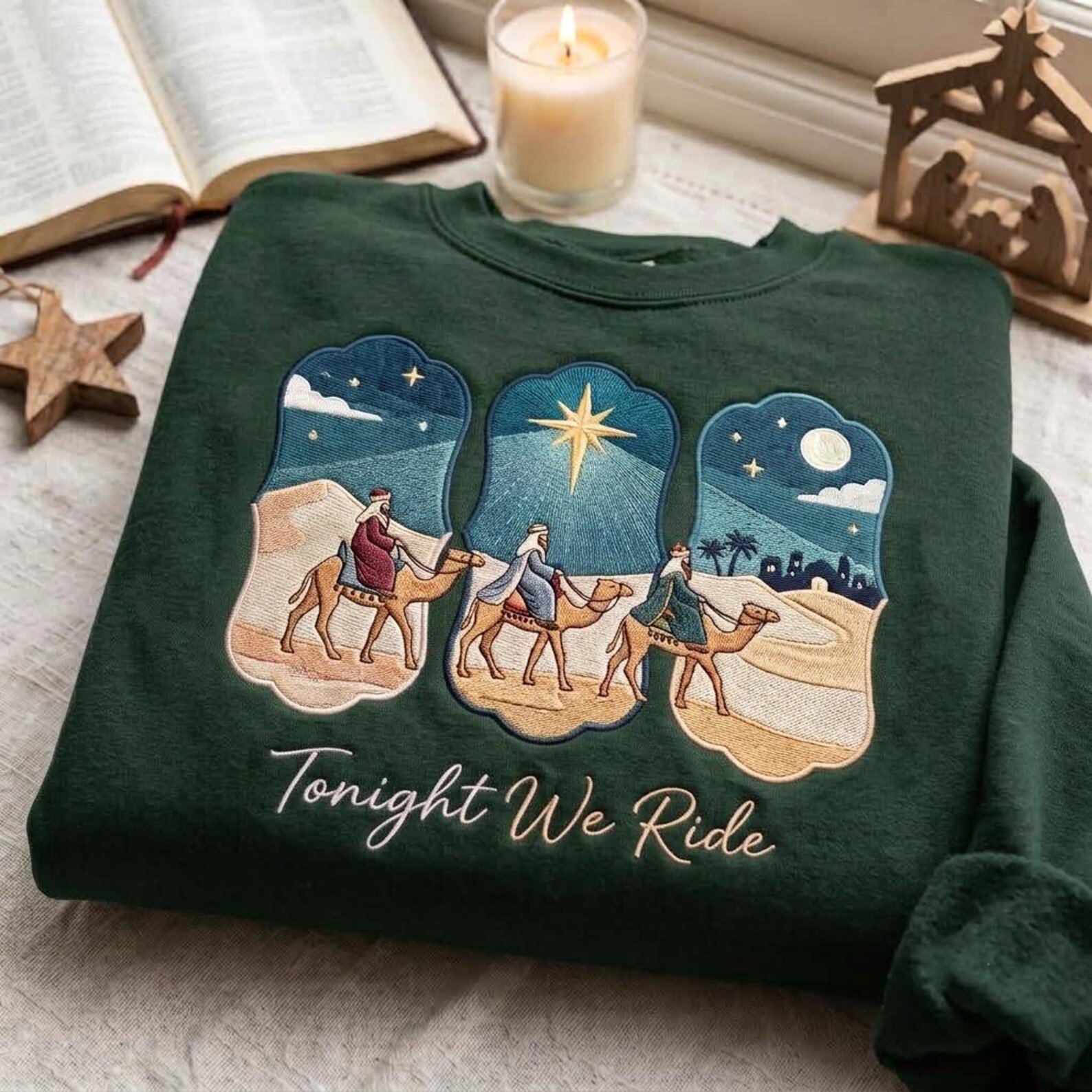 Three Wise Men Embroidered Christmas Sweatshirt, Tonight We Ride Magi Crewneck, Bethlehem Star Nativity Shirt, Christian Holiday Gift 1
