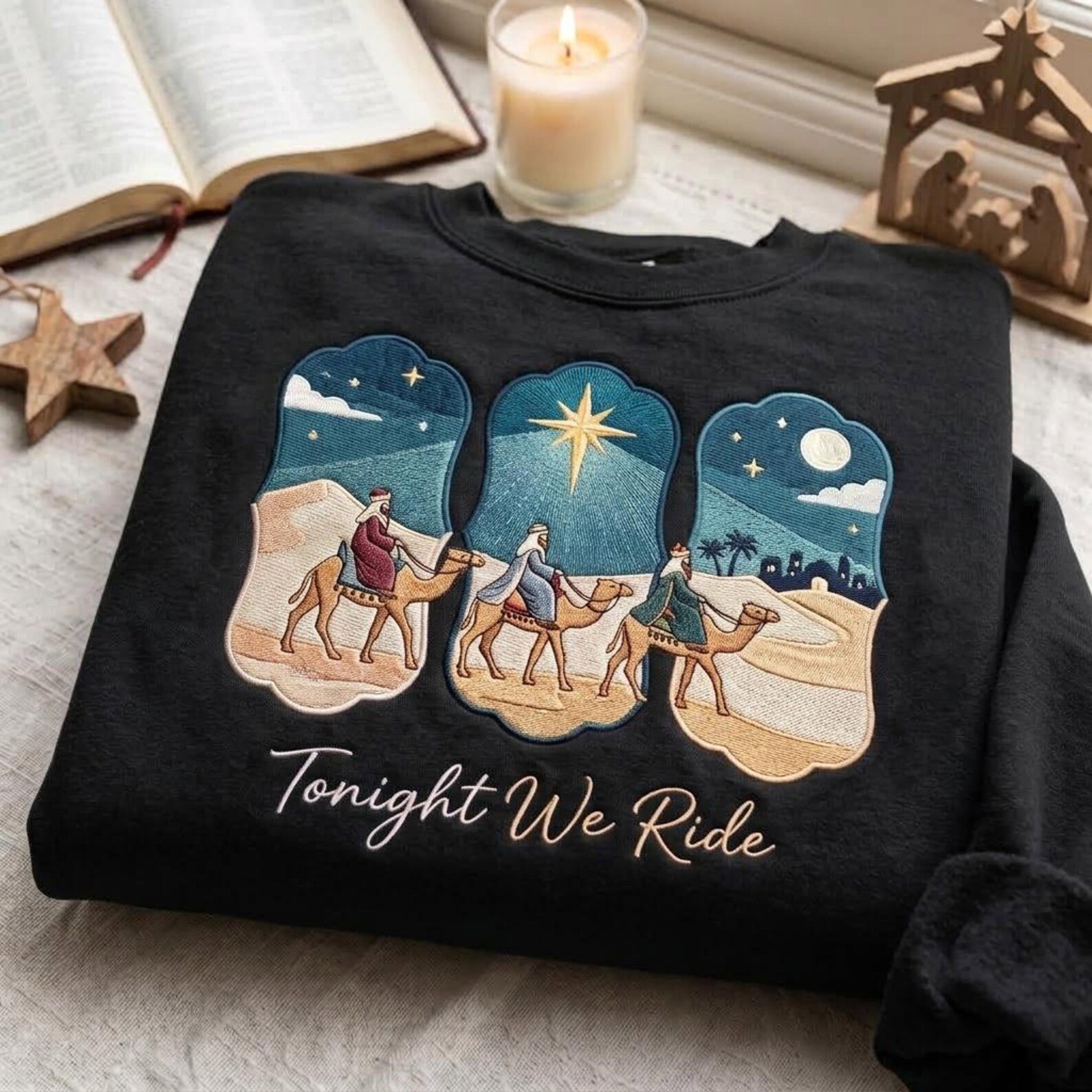 Three Wise Men Embroidered Christmas Sweatshirt, Tonight We Ride Magi Crewneck, Bethlehem Star Nativity Shirt, Christian Holiday Gift 2