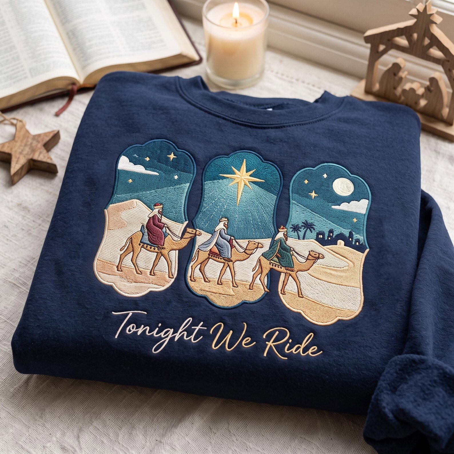 Three Wise Men Embroidered Christmas Sweatshirt, Tonight We Ride Magi Crewneck, Bethlehem Star Nativity Shirt, Christian Holiday Gift 3