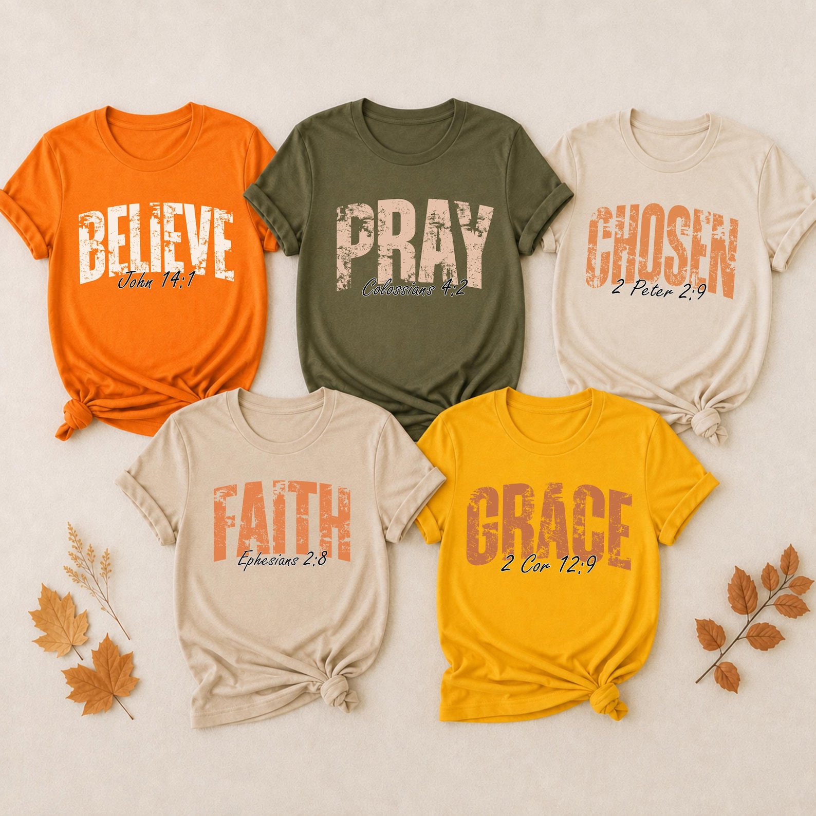Christian Bible Verse Shirt, Distressed Faith Believe Grace Pray Chosen Fall Matching Tee 1
