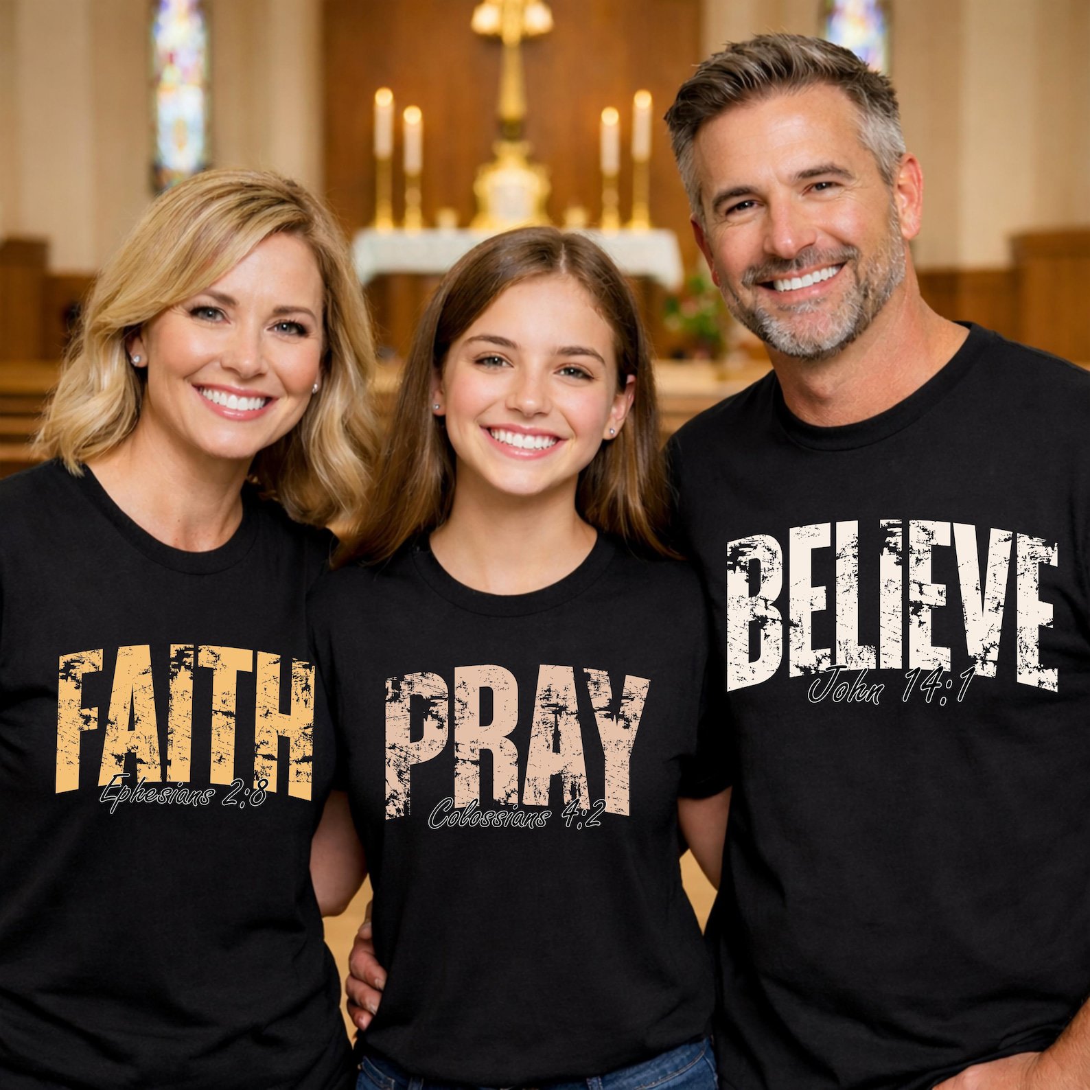 Christian Bible Verse Shirt, Distressed Faith Believe Grace Pray Chosen Fall Matching Tee 2