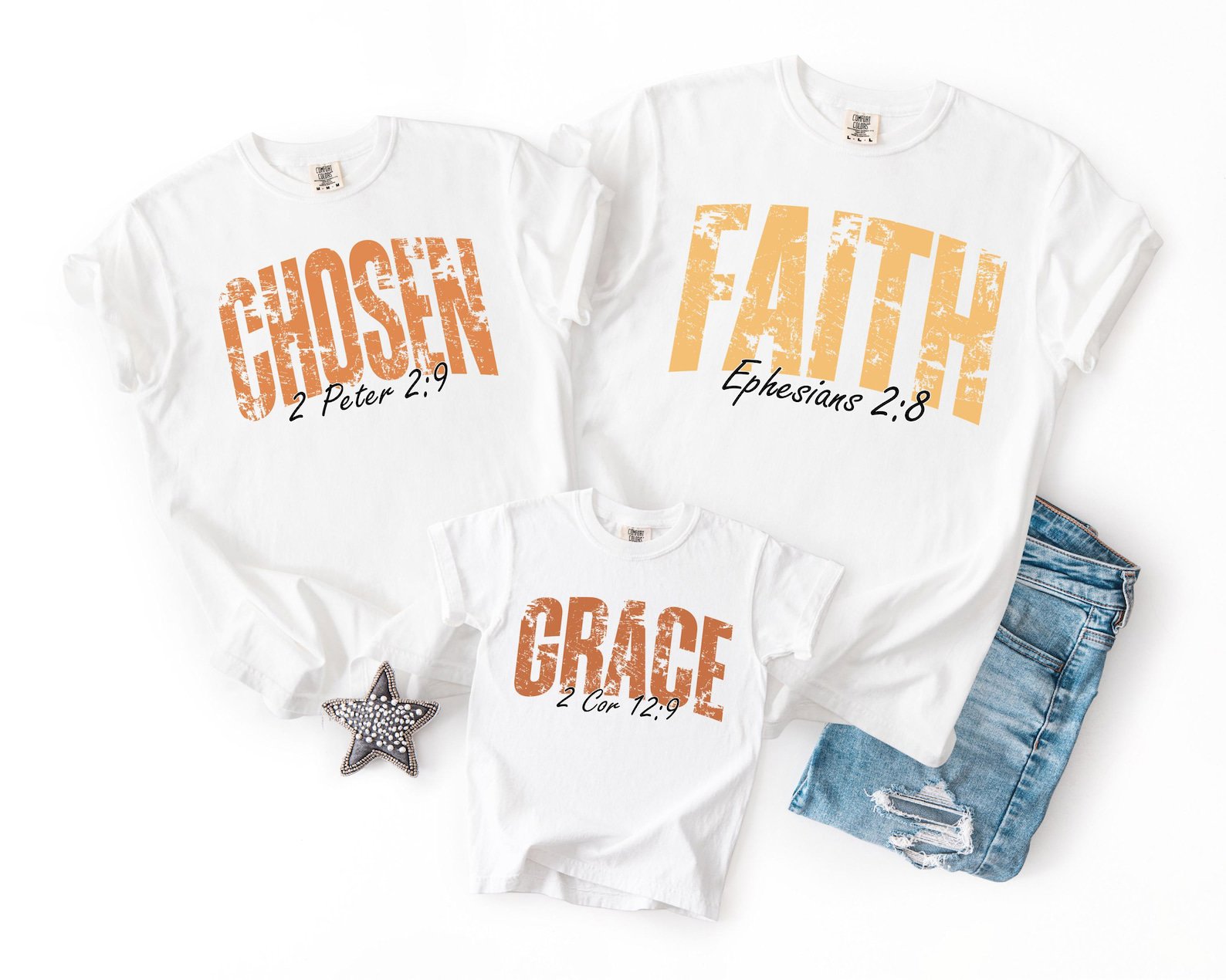 Christian Bible Verse Shirt, Distressed Faith Believe Grace Pray Chosen Fall Matching Tee 4