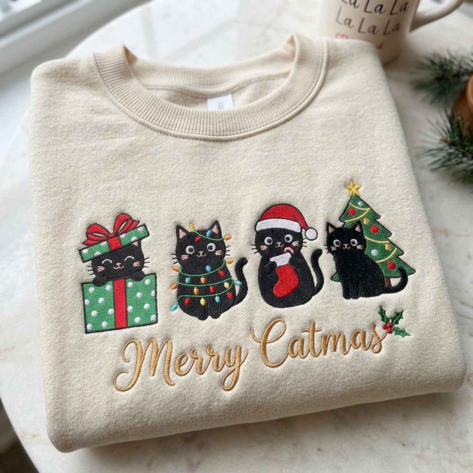 Merry Catmas Embroidered Sweatshirt, Cute Black Cat Christmas Crewneck, Festive Kitty Holiday Shirt, Cozy Cat Lover Winter Gift 2