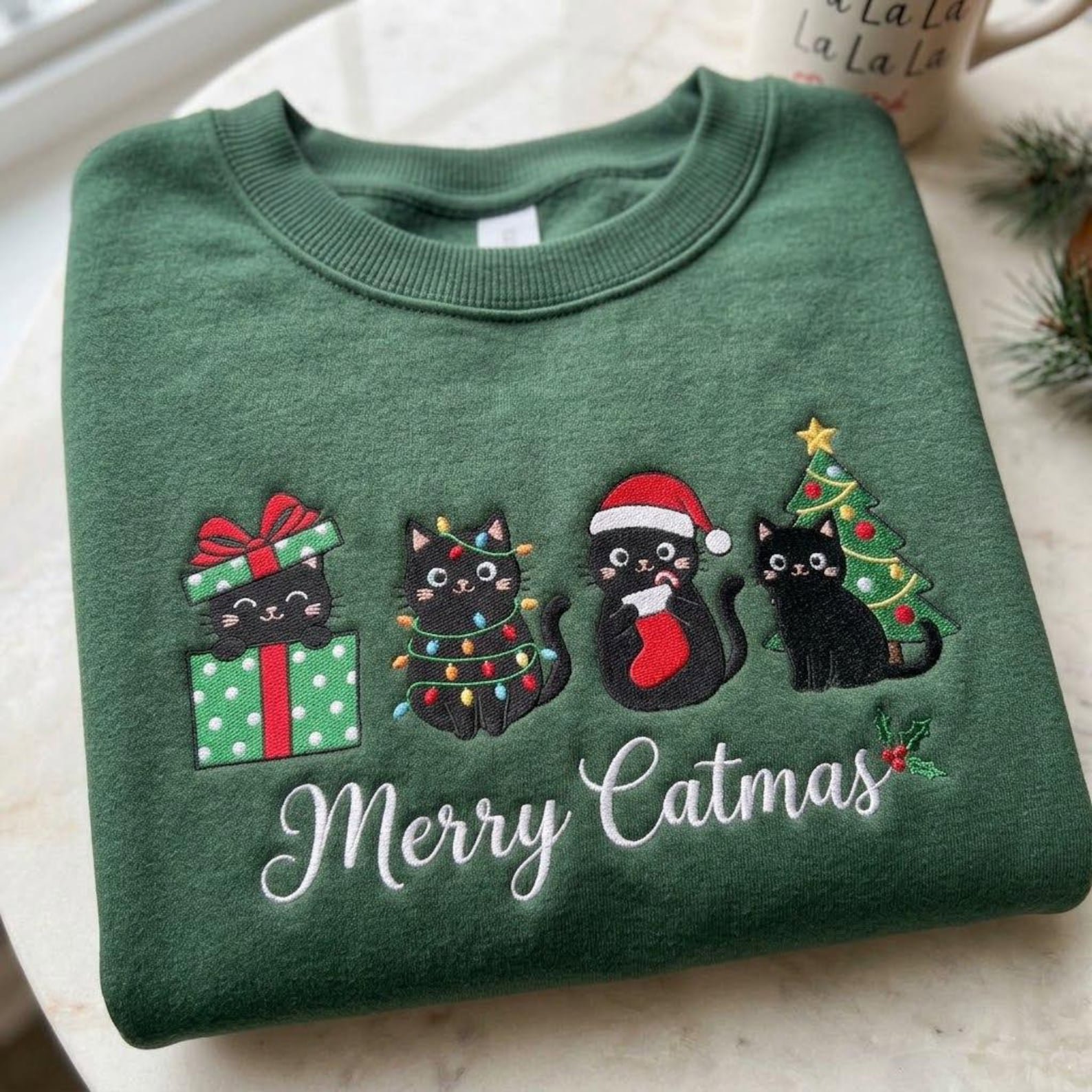 Merry Catmas Embroidered Sweatshirt, Cute Black Cat Christmas Crewneck, Festive Kitty Holiday Shirt, Cozy Cat Lover Winter Gift 1