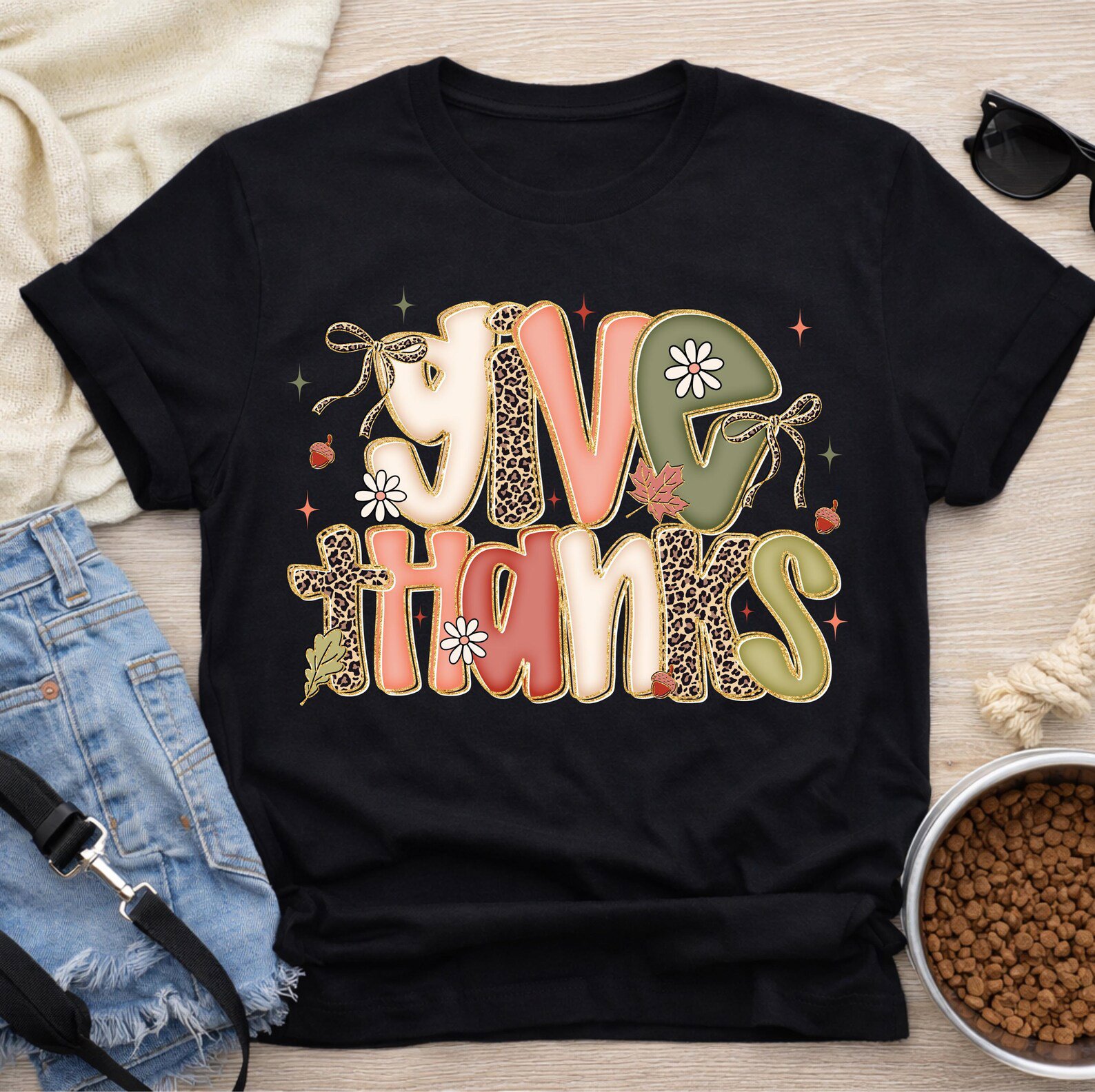 Give Thanks Shirt, Retro Leopard Thanksgiving Family Matching Tee 1