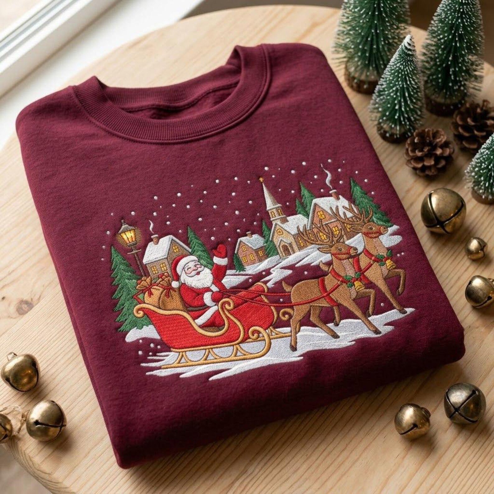 Santa Sleigh Embroidered Sweatshirt, Christmas Reindeer Crewneck, Snowy Village Holiday Scene, Classic Winter Christmas Gift 3