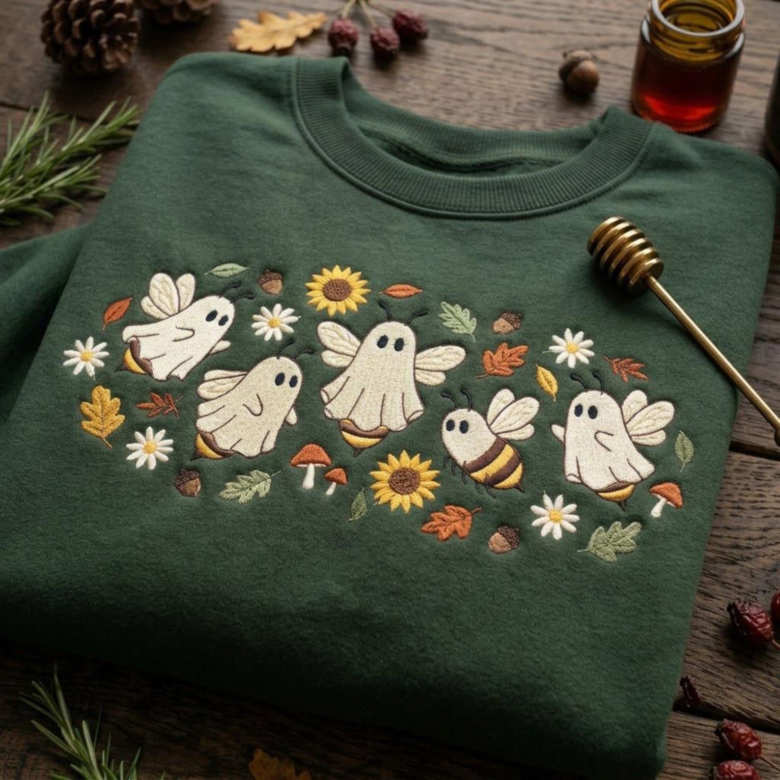 Embroidered Ghost Bee Sweatshirt, Cute Halloween Bumblebee Crewneck, Sunflower Mushroom Autumn Design, Cozy Spooky Season Gift 1