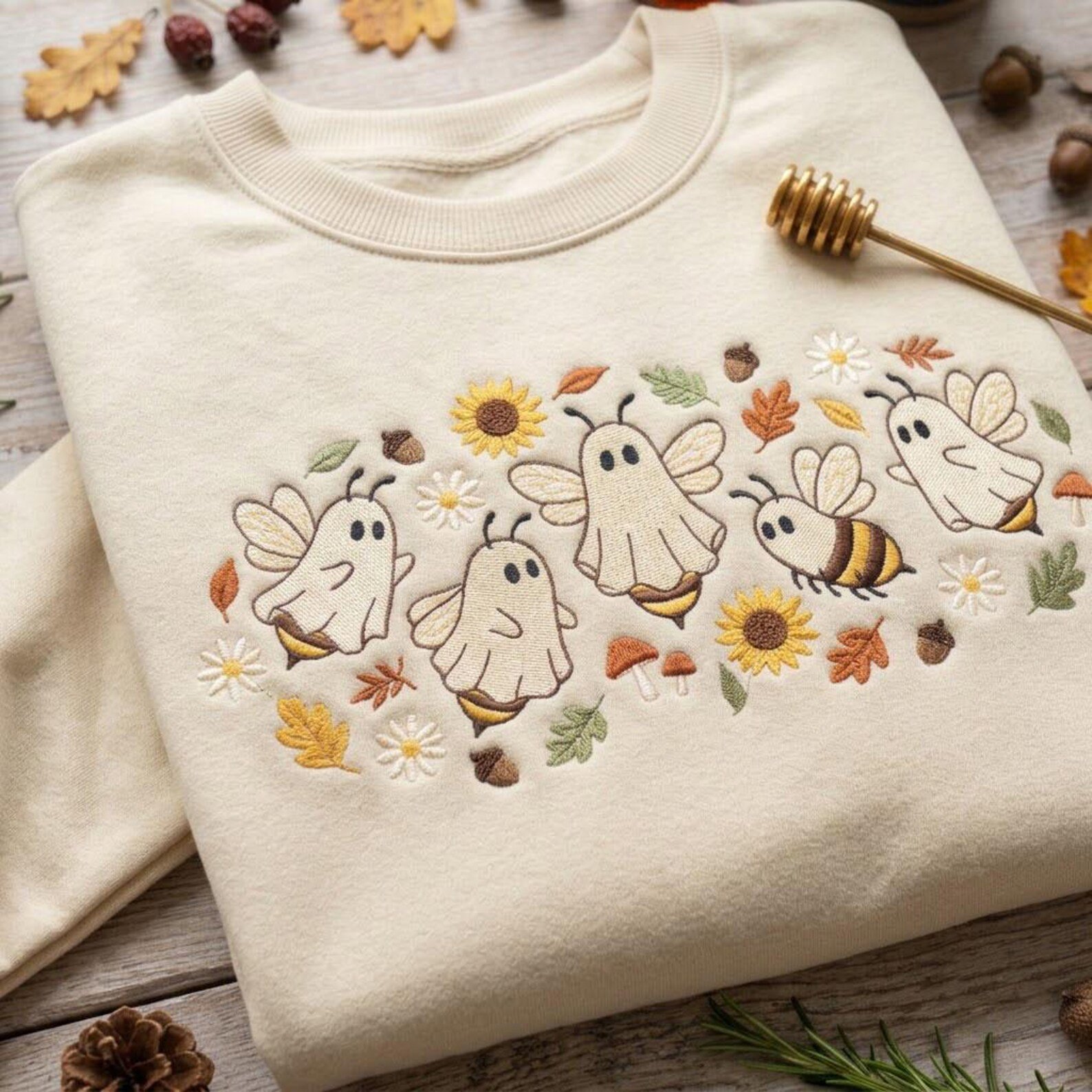 Embroidered Ghost Bee Sweatshirt, Cute Halloween Bumblebee Crewneck, Sunflower Mushroom Autumn Design, Cozy Spooky Season Gift 3