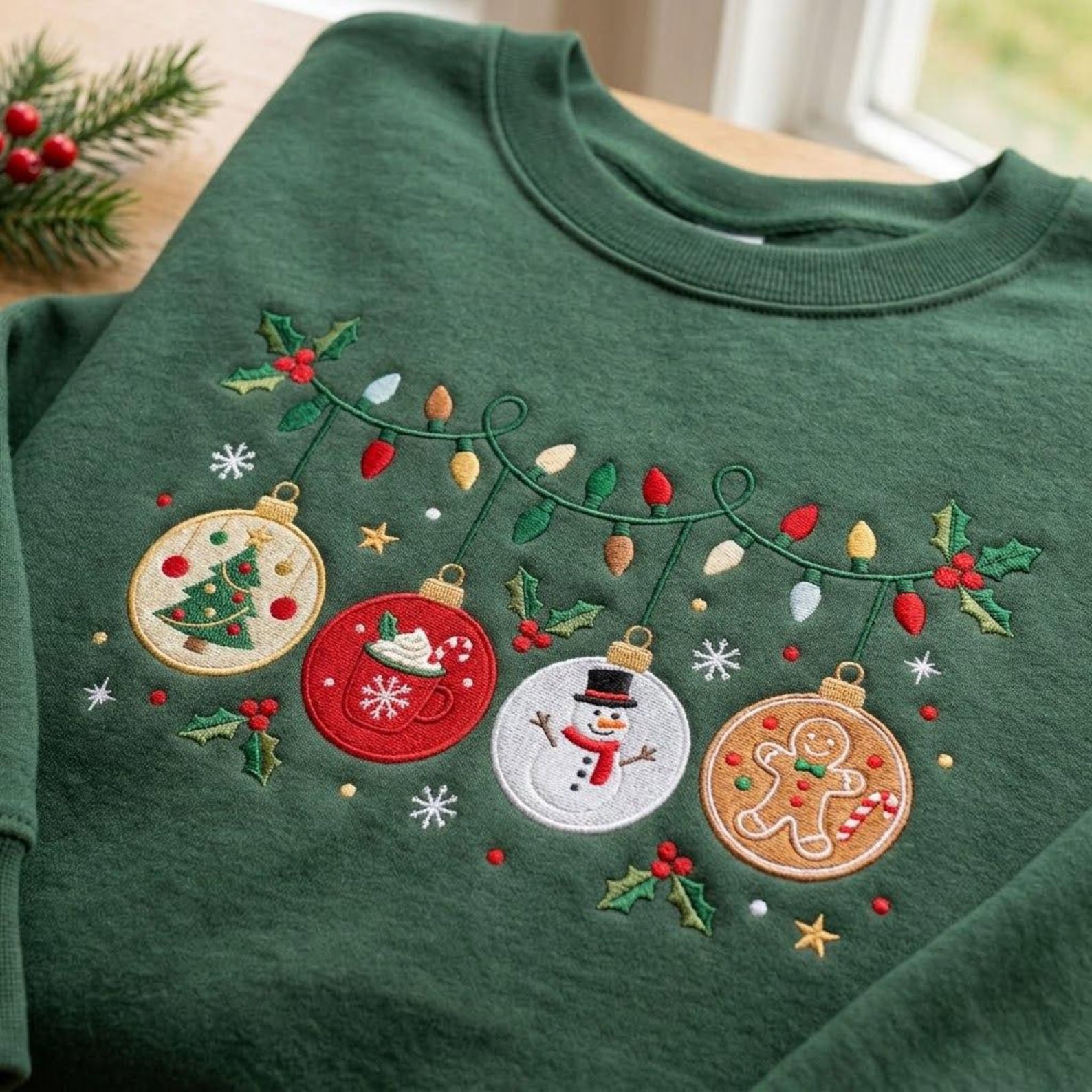 Christmas Ornament Embroidered Sweatshirt, Festive Holiday Lights Crewneck, Snowman Gingerbread Cocoa Design, Cozy Winter Gift 1