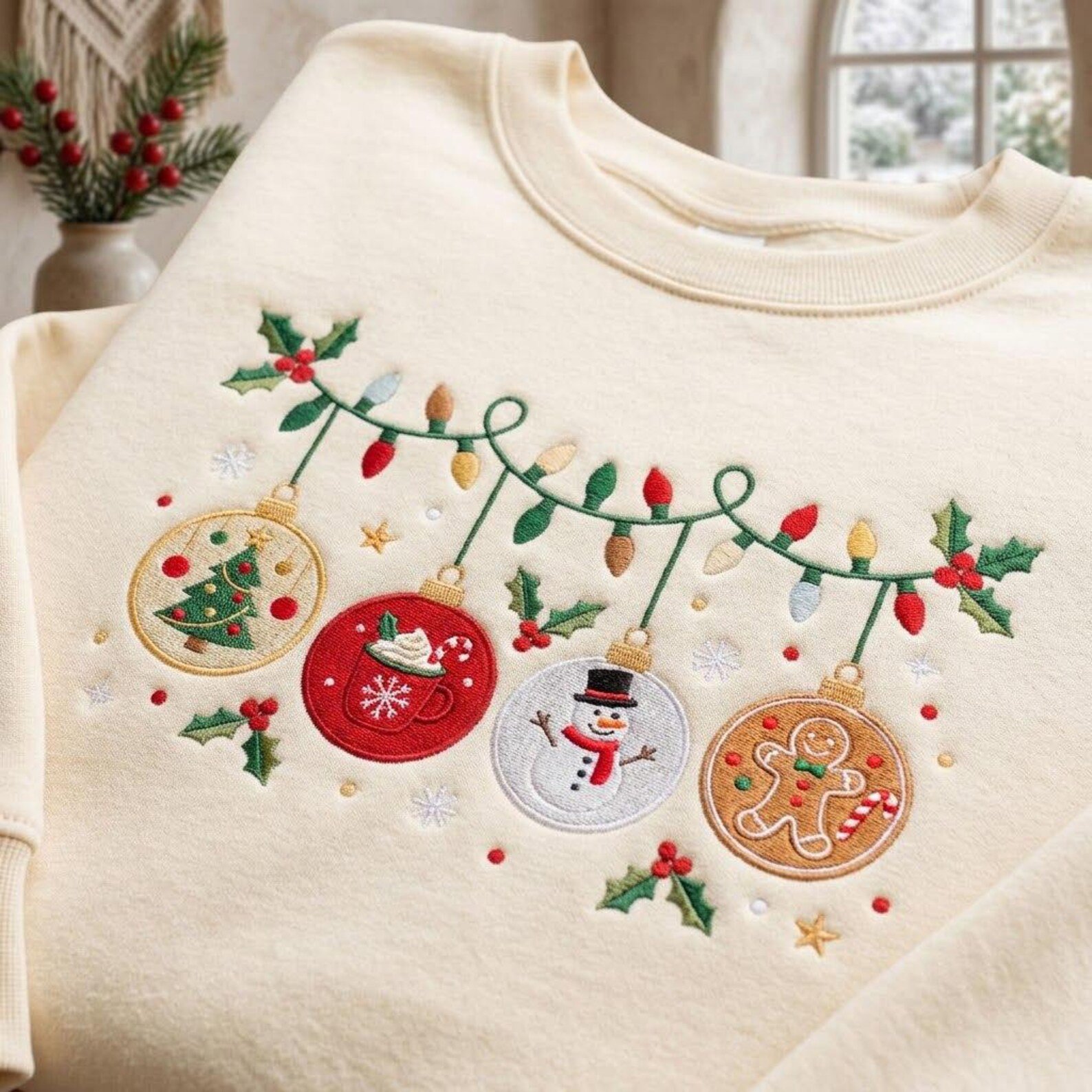 Christmas Ornament Embroidered Sweatshirt, Festive Holiday Lights Crewneck, Snowman Gingerbread Cocoa Design, Cozy Winter Gift 2