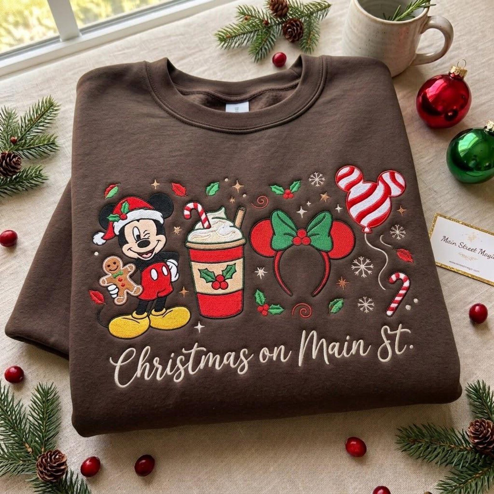 Embroidered Christmas on Main St Sweatshirt, Festive Mouse Crewneck, Gingerbread Coffee Holiday Design, Magical Main Street Winter Gift 3