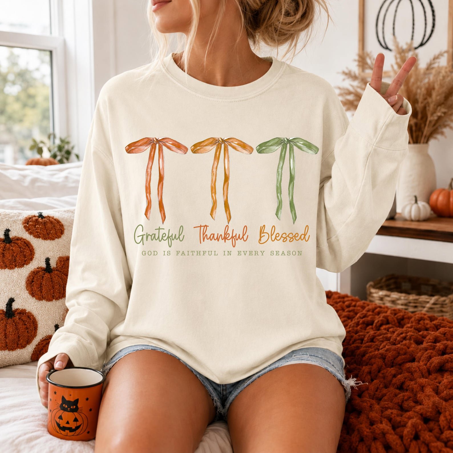 Grateful Thankful Blessed Sweatshirt, Christian Fall Bow Shirt, Faith Gift 1