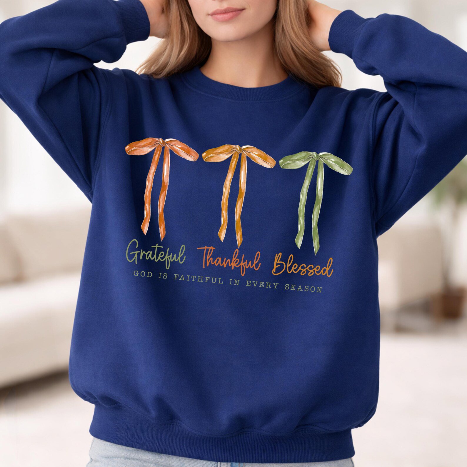 Grateful Thankful Blessed Sweatshirt, Christian Fall Bow Shirt, Faith Gift 5