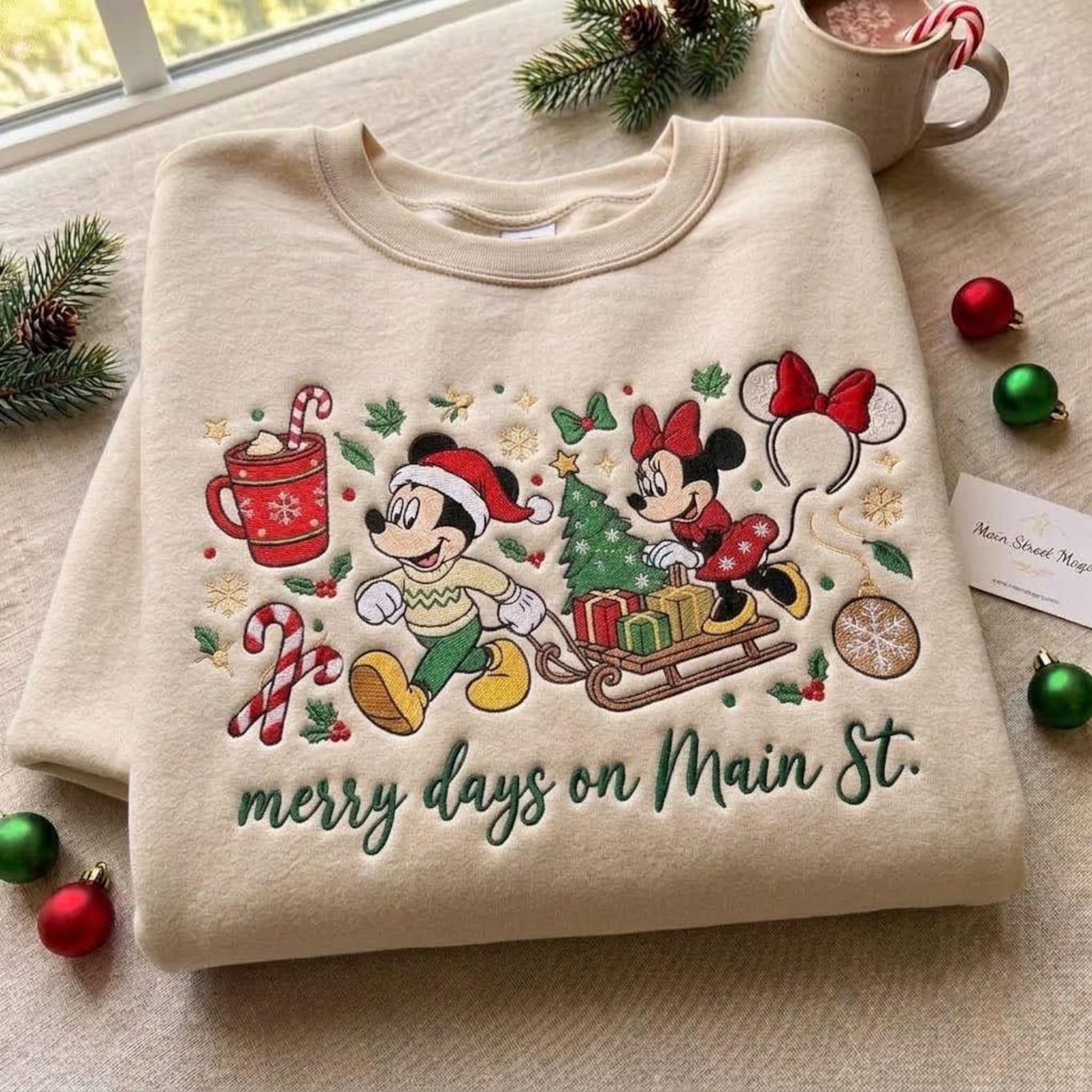 Embroidered Merry Days on Main St Sweatshirt, Festive Mouse Christmas Crewneck, Holiday Sled Scene, Magical Main Street Winter Gift 2