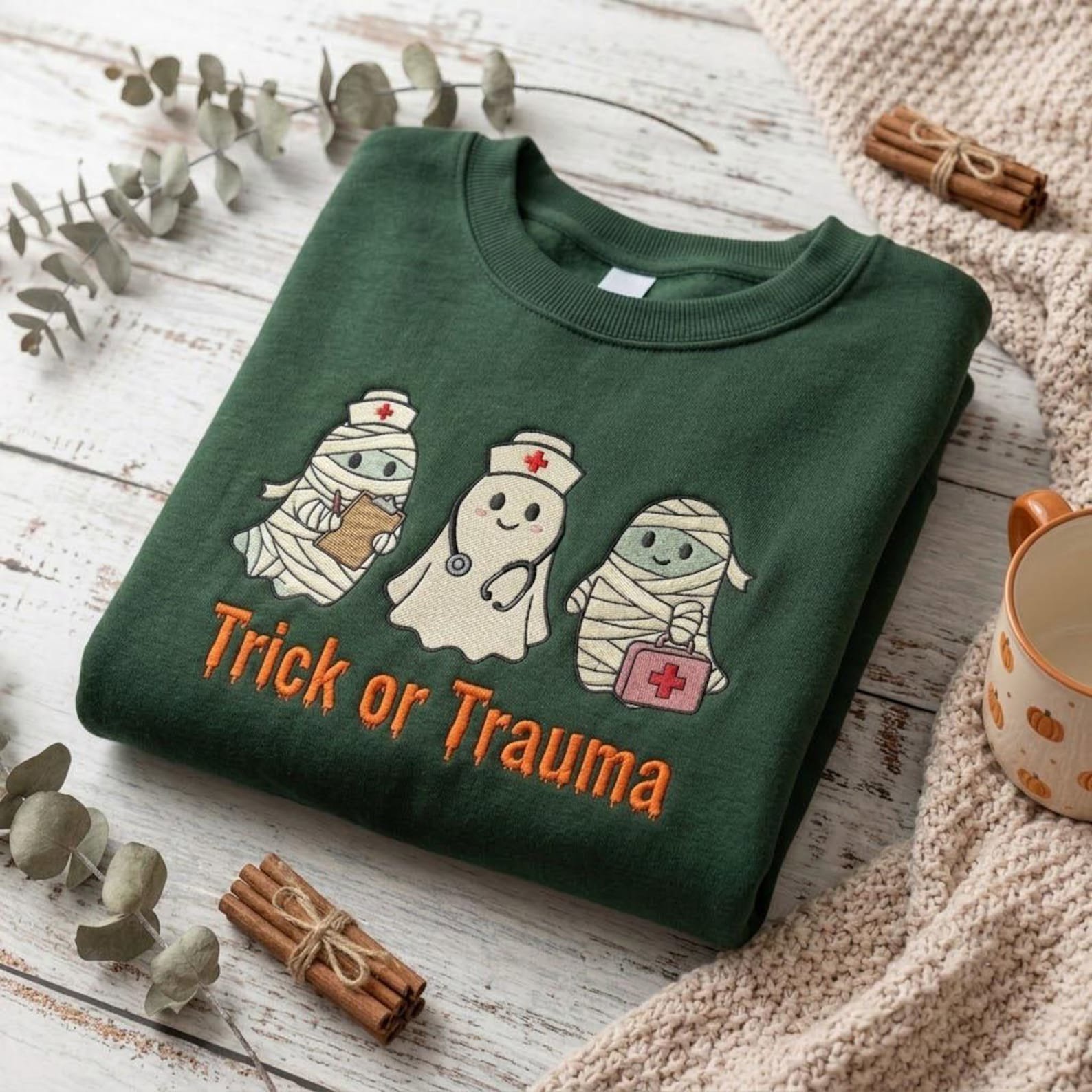 Trick or Trauma Embroidered Sweatshirt, Halloween Nurse Ghost and Mummy Crewneck, Cute Spooky RN Medical Staff Gift 3