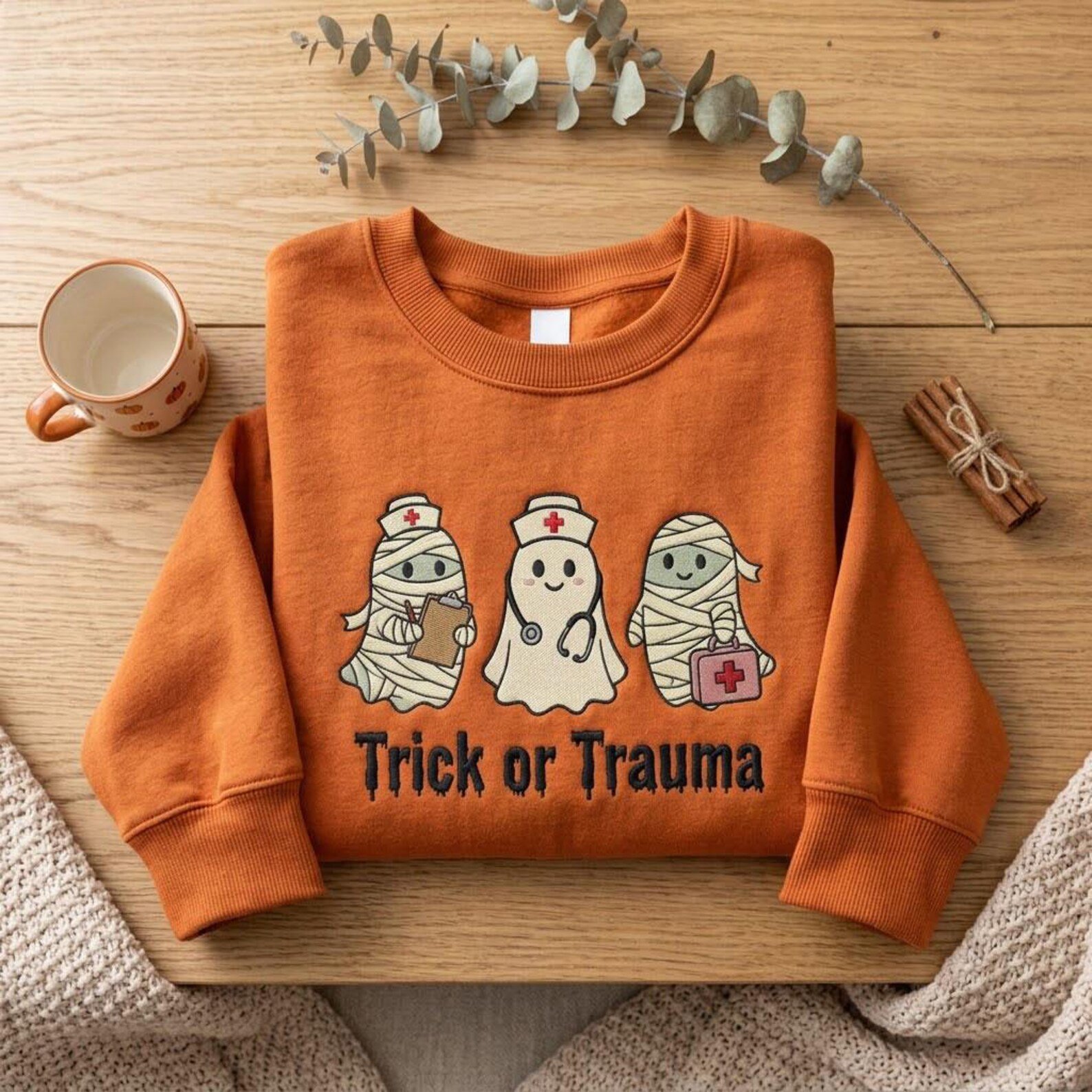 Trick or Trauma Embroidered Sweatshirt, Halloween Nurse Ghost and Mummy Crewneck, Cute Spooky RN Medical Staff Gift 4