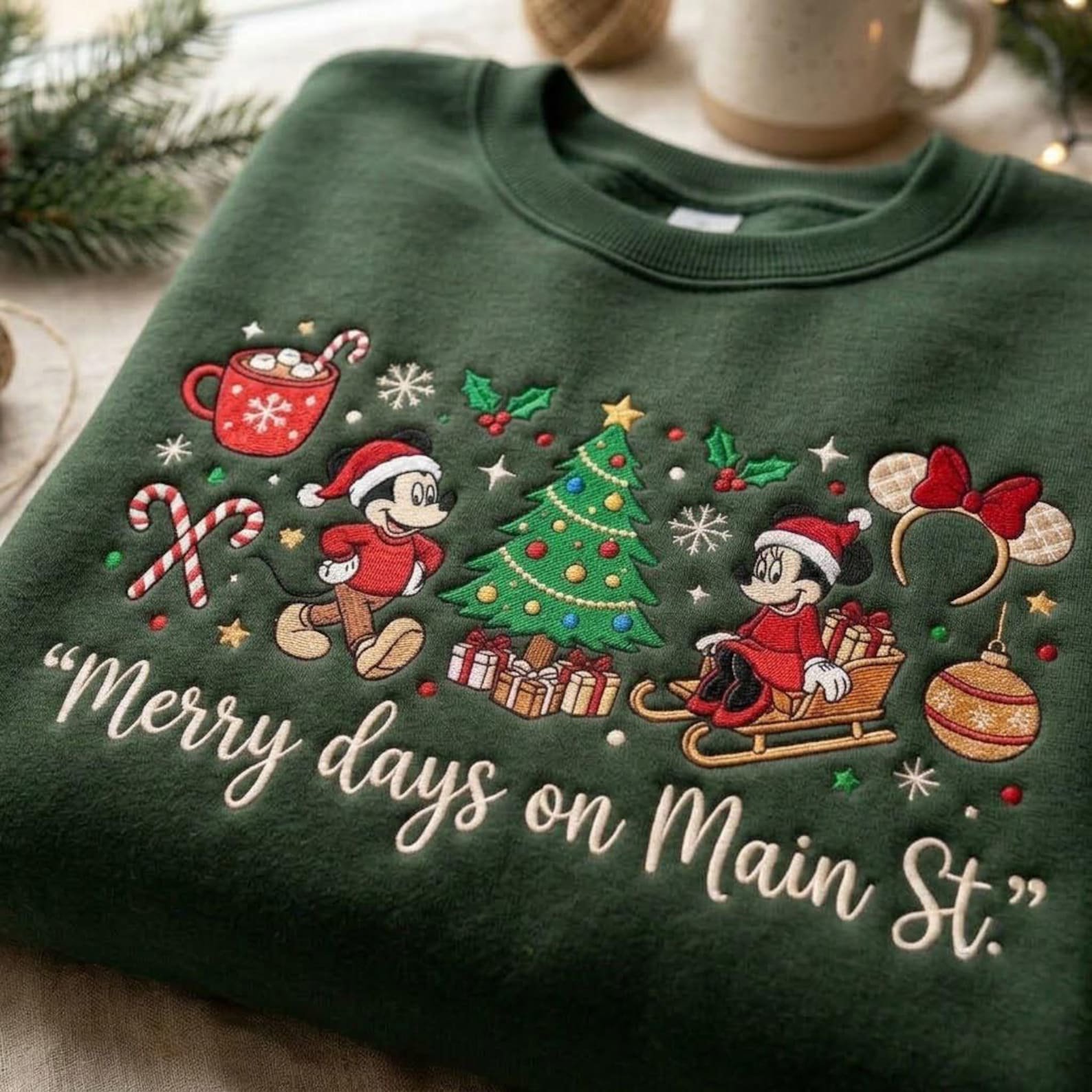 Embroidered Merry Days on Main St Sweatshirt, Christmas Mouse Friends Crewneck, Magical Holiday Vacation Shirt, Festive Winter Gift 1