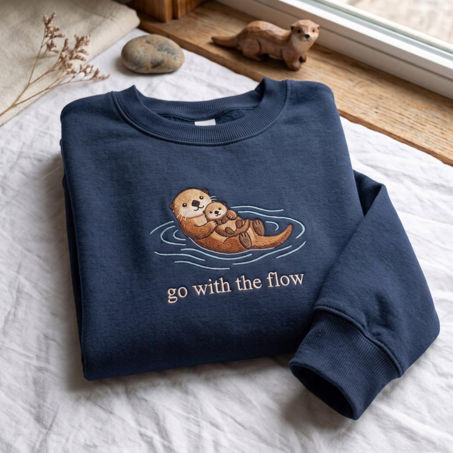 Embroidered Go With The Flow Shirt, Ocean Life Apparel, Coastal Beach Vibes, Nature Lover Gift, Cute Otter Vintage Shirt 1