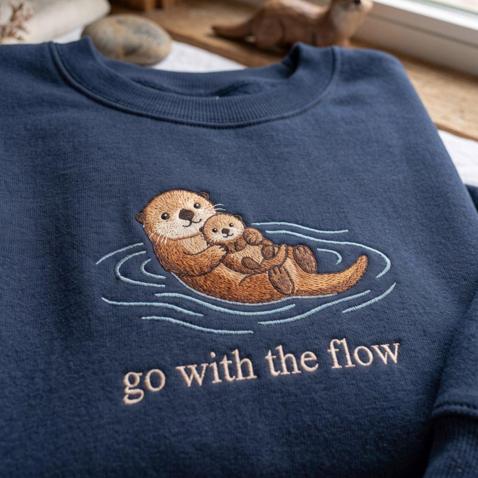Embroidered Go With The Flow Shirt, Ocean Life Apparel, Coastal Beach Vibes, Nature Lover Gift, Cute Otter Vintage Shirt 4
